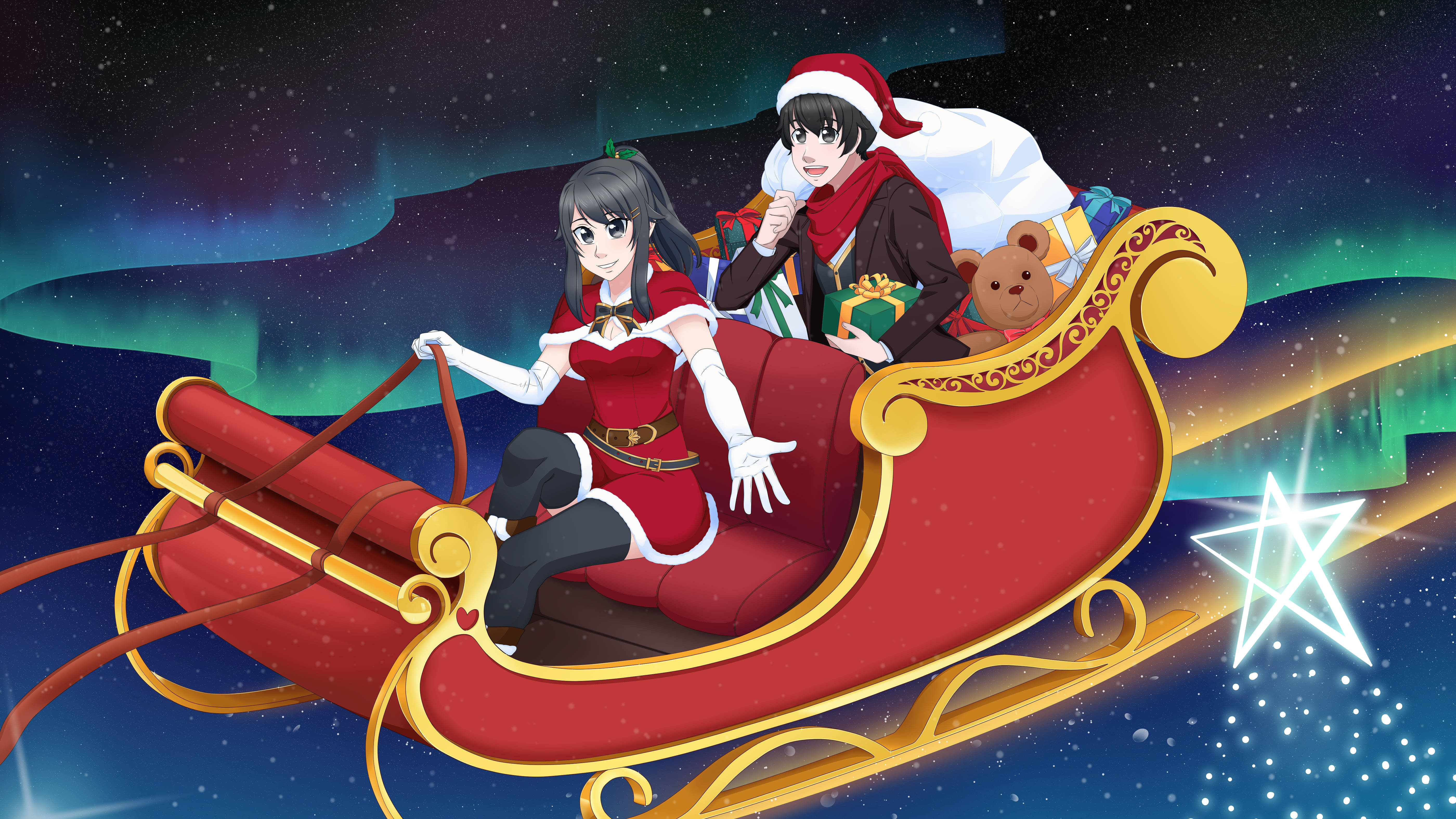 Yandere Simulator 聖誕雪橇 壁紙 — 兩個動漫角色穿著節日服裝，乘坐紅色雪橇穿越星空夜空，伴有極光和閃爍的星星。