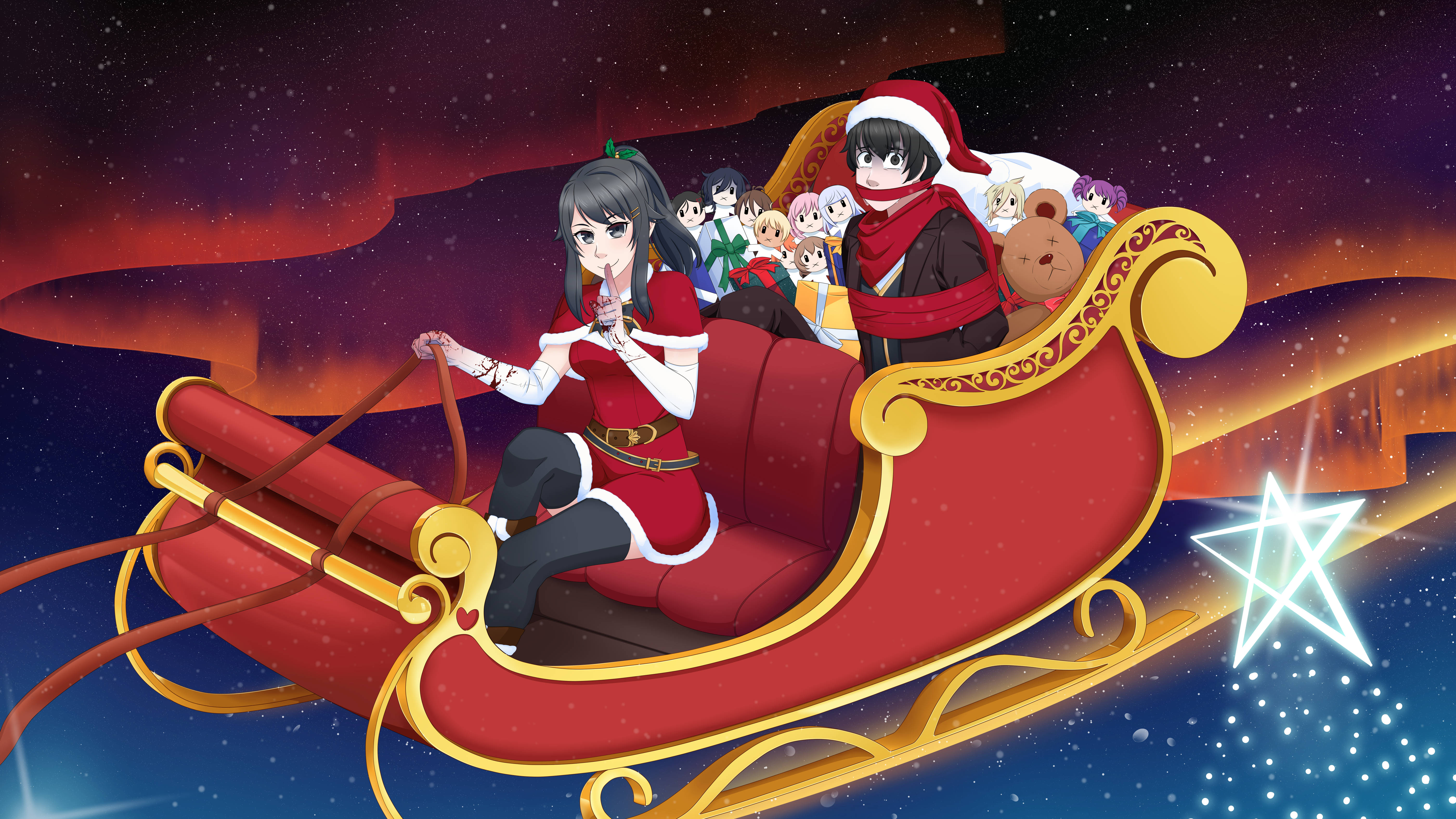 Yandere Simulator 聖誕雪橇之旅 壁紙 — 動漫角色乘坐紅色雪橇穿過繁星點點的夜空，伴隨著一顆閃亮的星星和節日禮物。