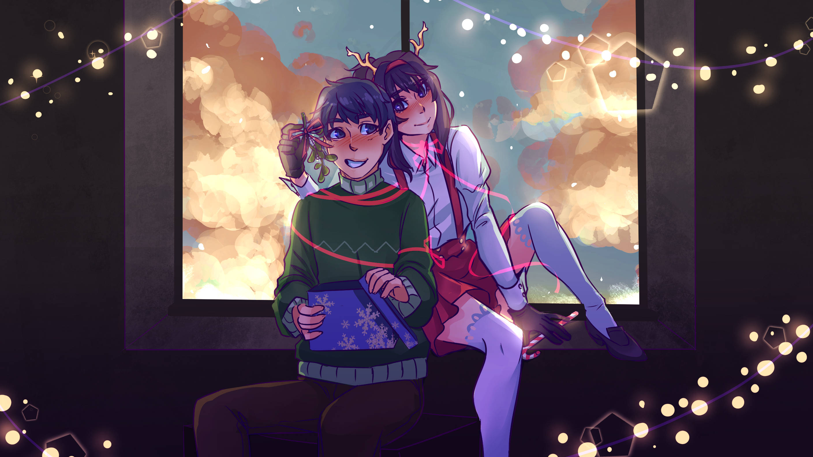 Yandere Simulator 聖誕燈光 壁紙 — 兩個動漫角色在黃昏時坐在窗邊，其中一個拿著禮物，周圍的串燈閃爍著光芒。