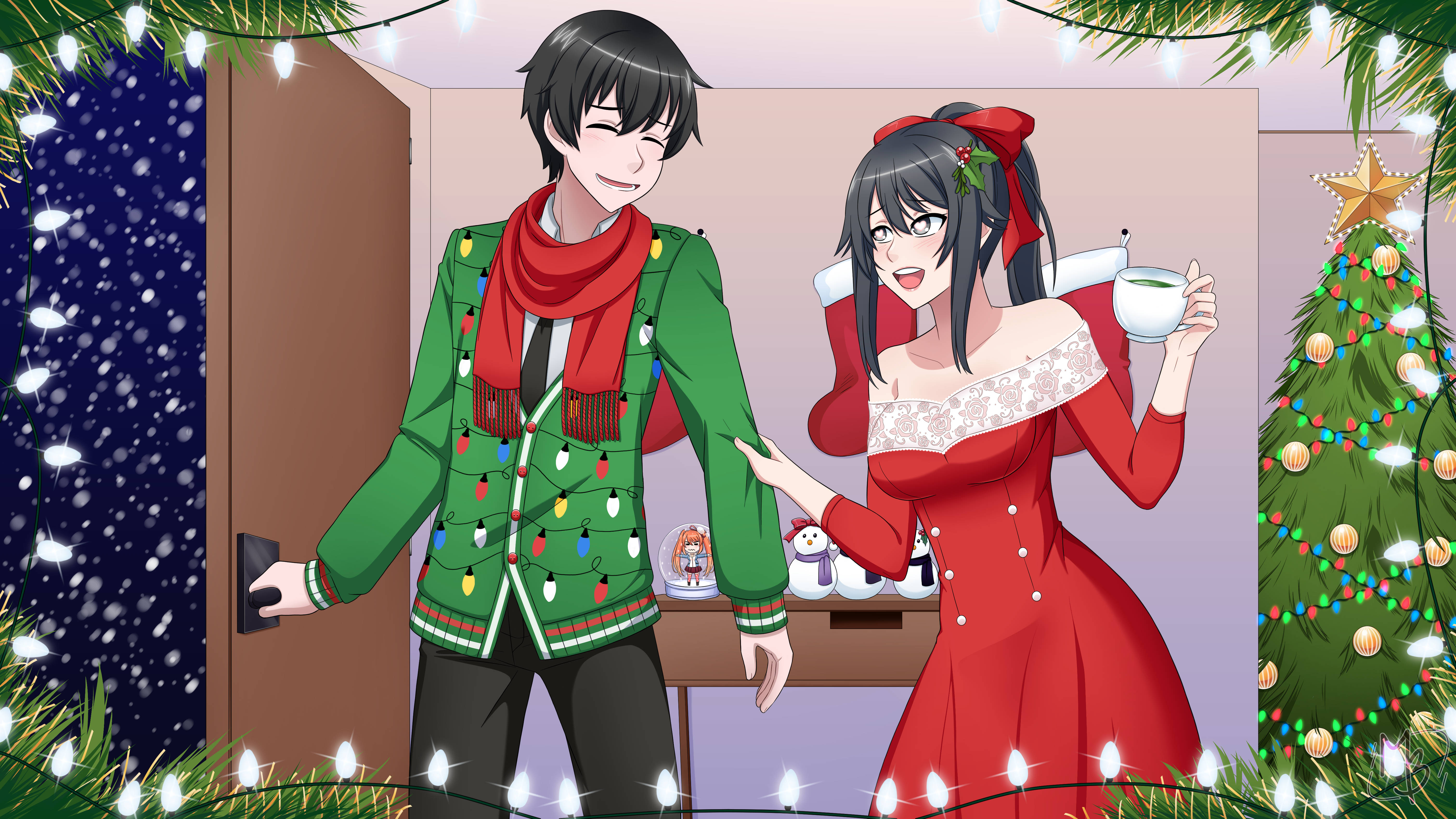 Yandere Simulator 角色的聖誕時光 壁紙 — 一對開心的動漫情侶穿著節日服裝，站在門口，外面下著雪，裡面有裝飾好的聖誕樹。