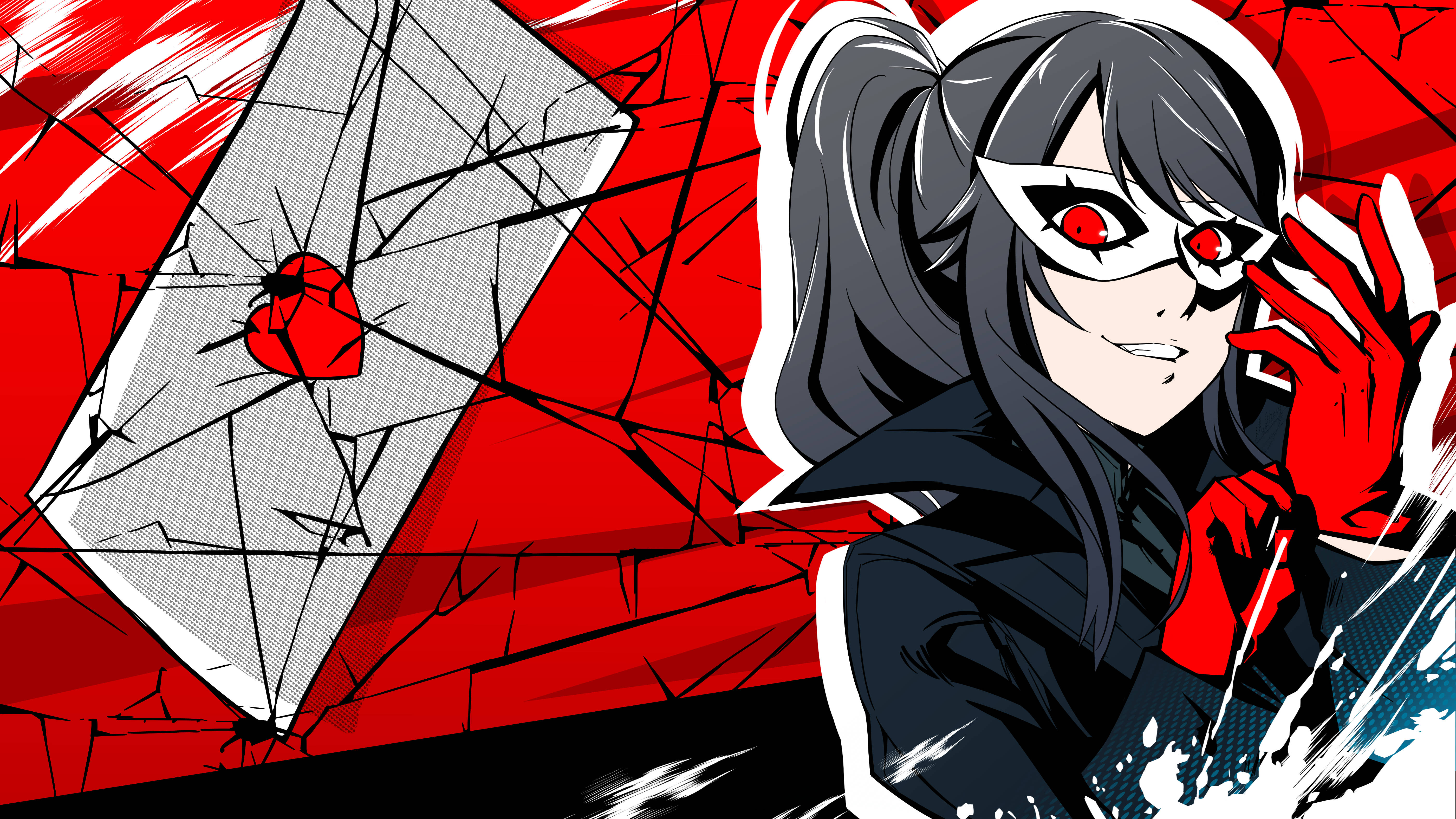 Yandere Simulator 與 Persona 5 合作插畫 壁紙 — 一個風格化的動漫女孩，紅眼睛黑頭髮，站在一塊破碎的玻璃板旁邊，露出一個紅色的心。