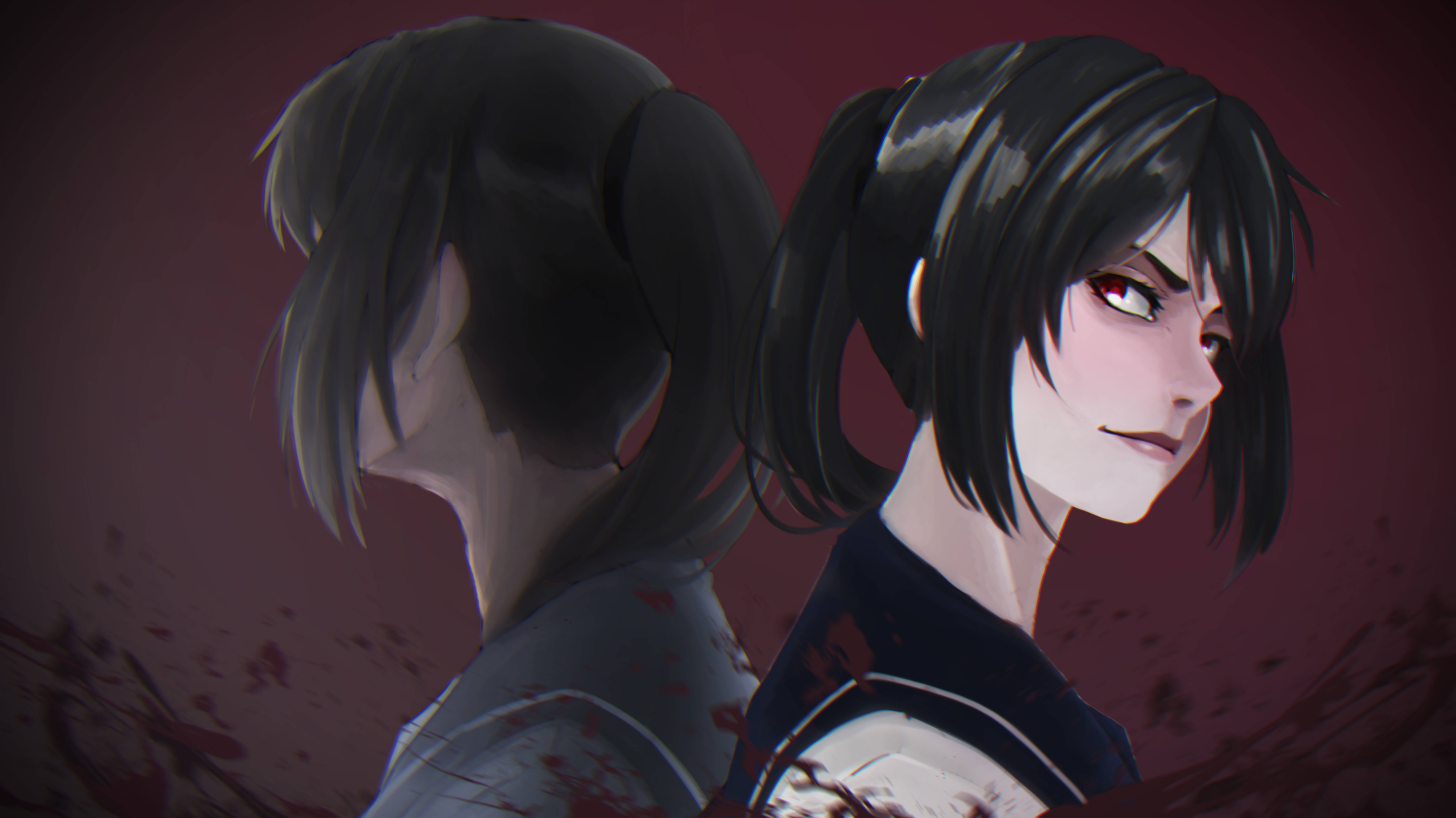 Yandere Simulator 中 Ayano Aishi 的黑暗雙面 壁紙 — 兩個黑髮動漫女孩背靠背站在血跡斑斑的栗色背景前，其中一個紅眼睛，露出得意的笑容。