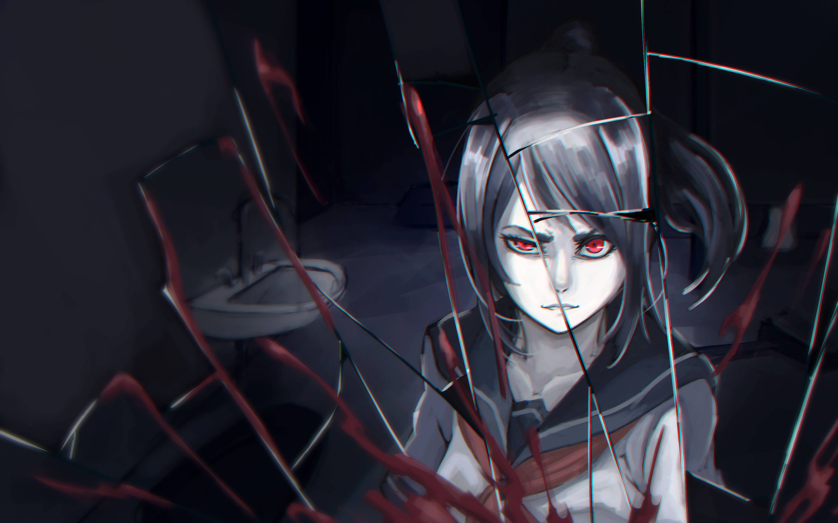 Yandere Simulator 中的 Ayano Aishi —— 恐怖的象徵 壁紙 — 一個蒼白的動漫女孩，紅色的眼睛，透過破碎的玻璃凝視，帶有血痕，在黑暗的房間裡。