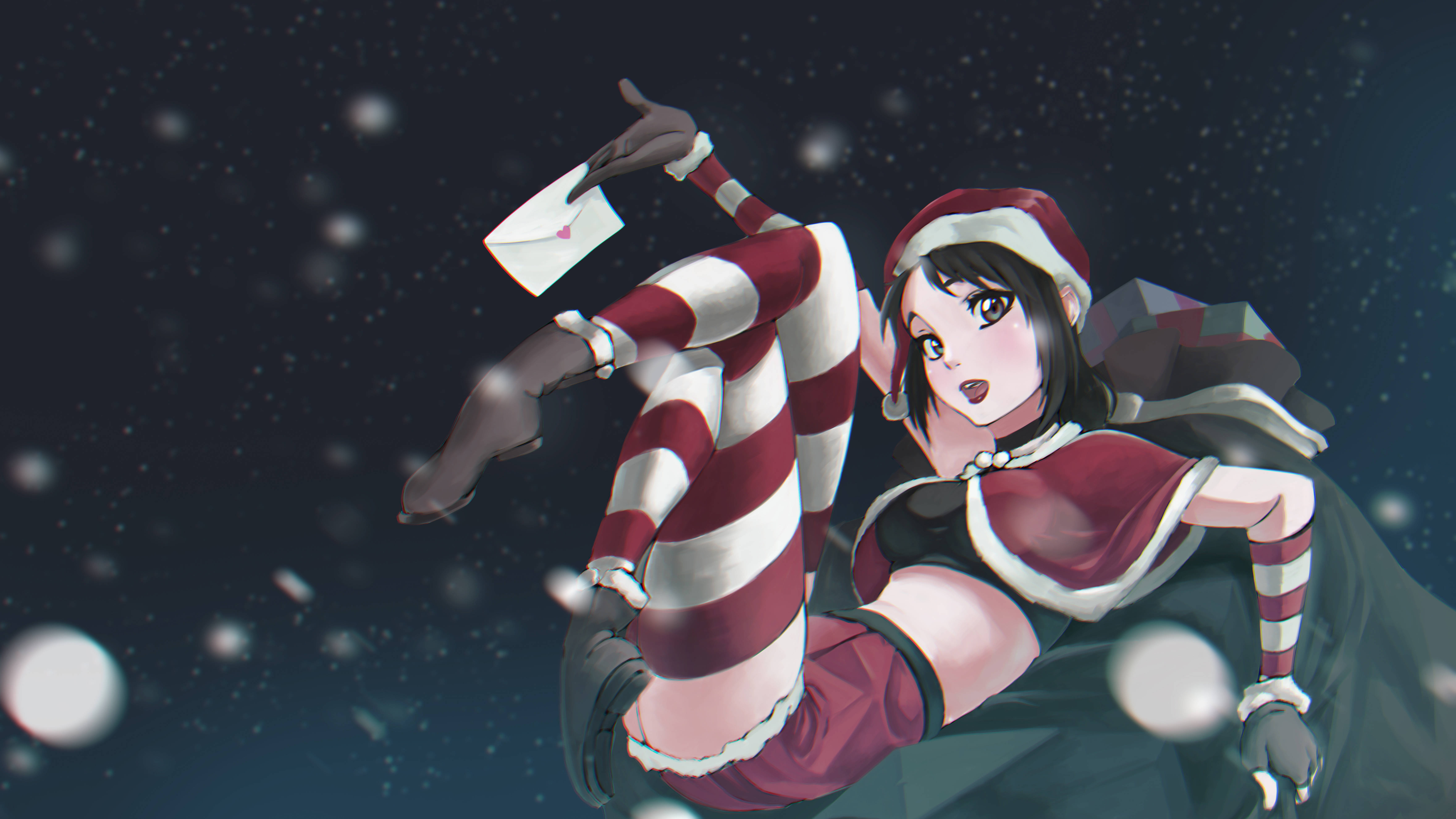 Yandere Simulator 中的聖誕Ayano Aishi 壁紙 — 動畫女孩穿著紅白條紋服裝，在雪夜天空中漂浮，手持一封信。