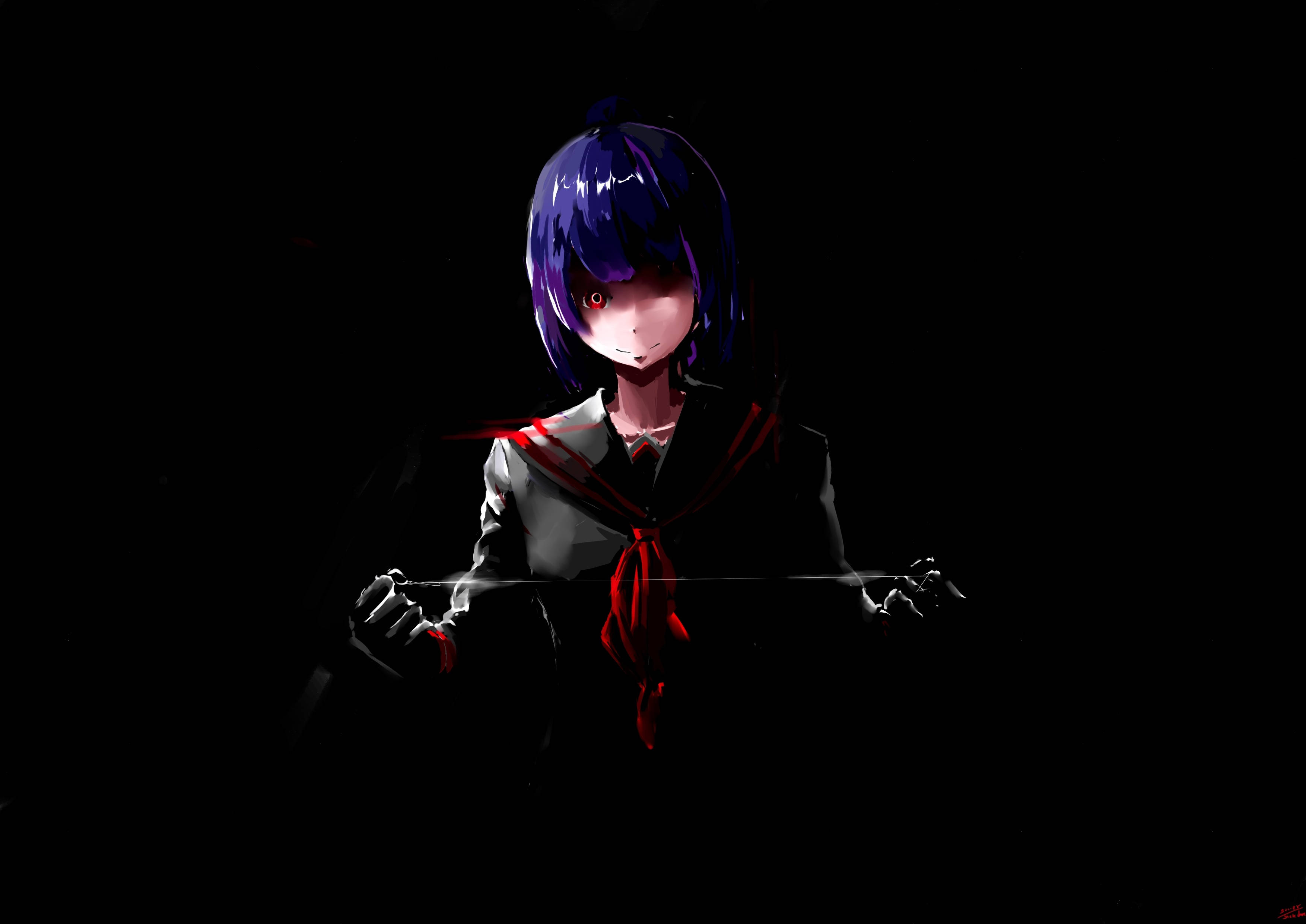 Yandere Simulator 中的黑暗 Ayano Aishi 壁紙 — 一個紫髮紅眼的暗黑動漫女孩，在黑色背景前握著一把發光的劍。