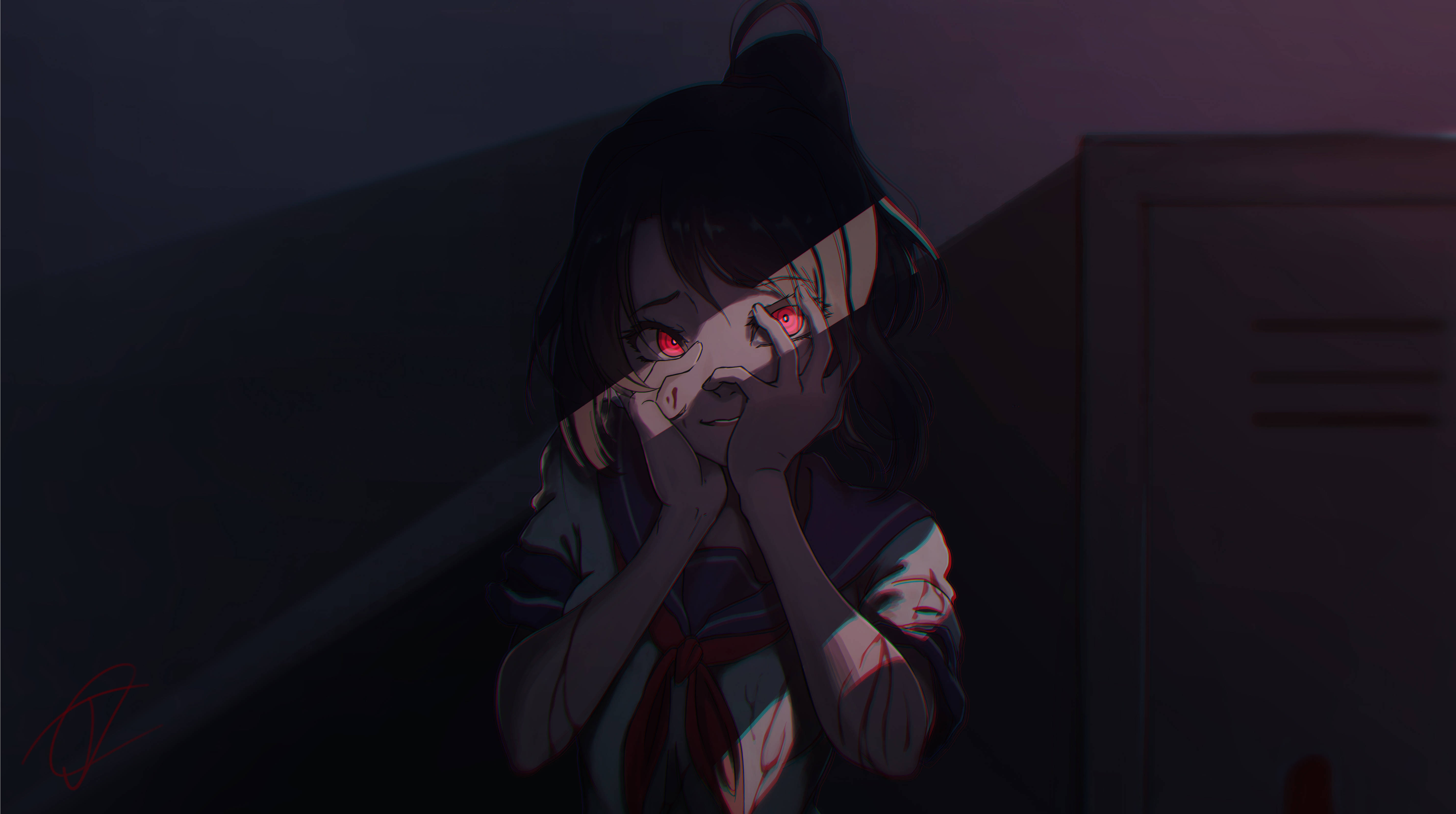 Yandere Simulator 中的 Ayano Aishi 被血染身 壁紙 — 一個受驚的動漫女孩，眼睛發出紅光，在燈光昏暗的走廊裡用手遮住臉。