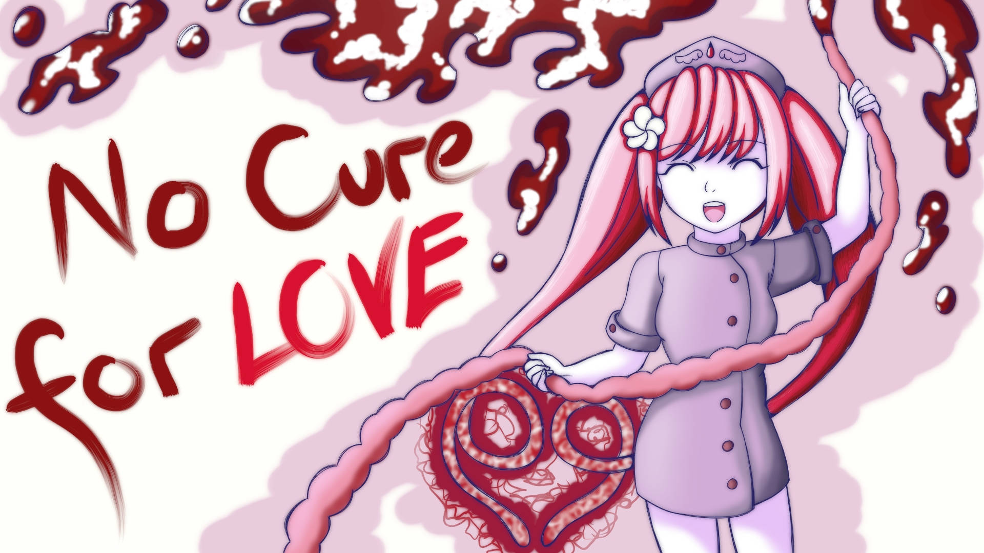 Yandere Simulator 中的 Ebola-Chan 壁紙 — 粉紅色頭髮的動漫女孩拿著心形繩子，紅色液體滴落在粗體文字「No Cure for LOVE」周圍。