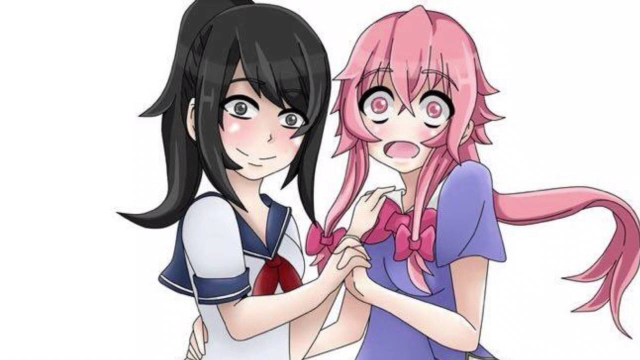 Yandere Simulator 與 Future Diary 合作插畫 壁紙 — 兩個穿著校服的動漫女孩手牽手，一個黑髮微笑，另一個粉紅頭髮看起來驚訝。