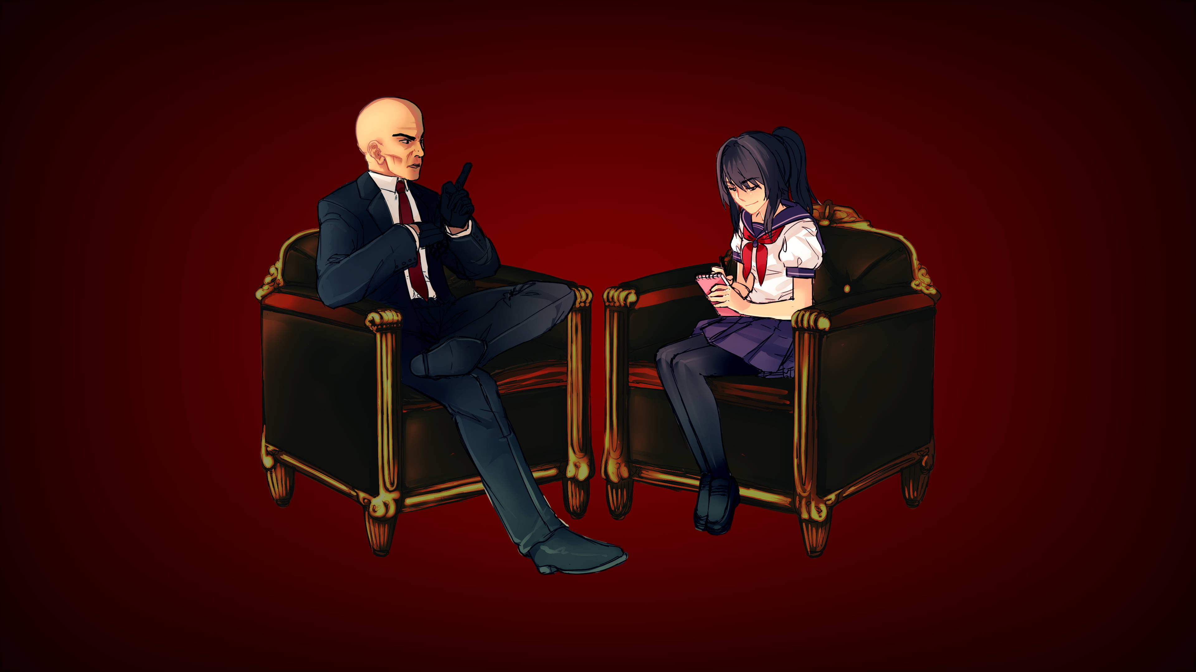 驚悚跨界：Yandere Simulator 與 Hitman 合作概念 壁紙 — 一個光頭穿西裝的男人和一個穿水手服的女生坐在華麗的椅子上，面對面，背景是深紅色。