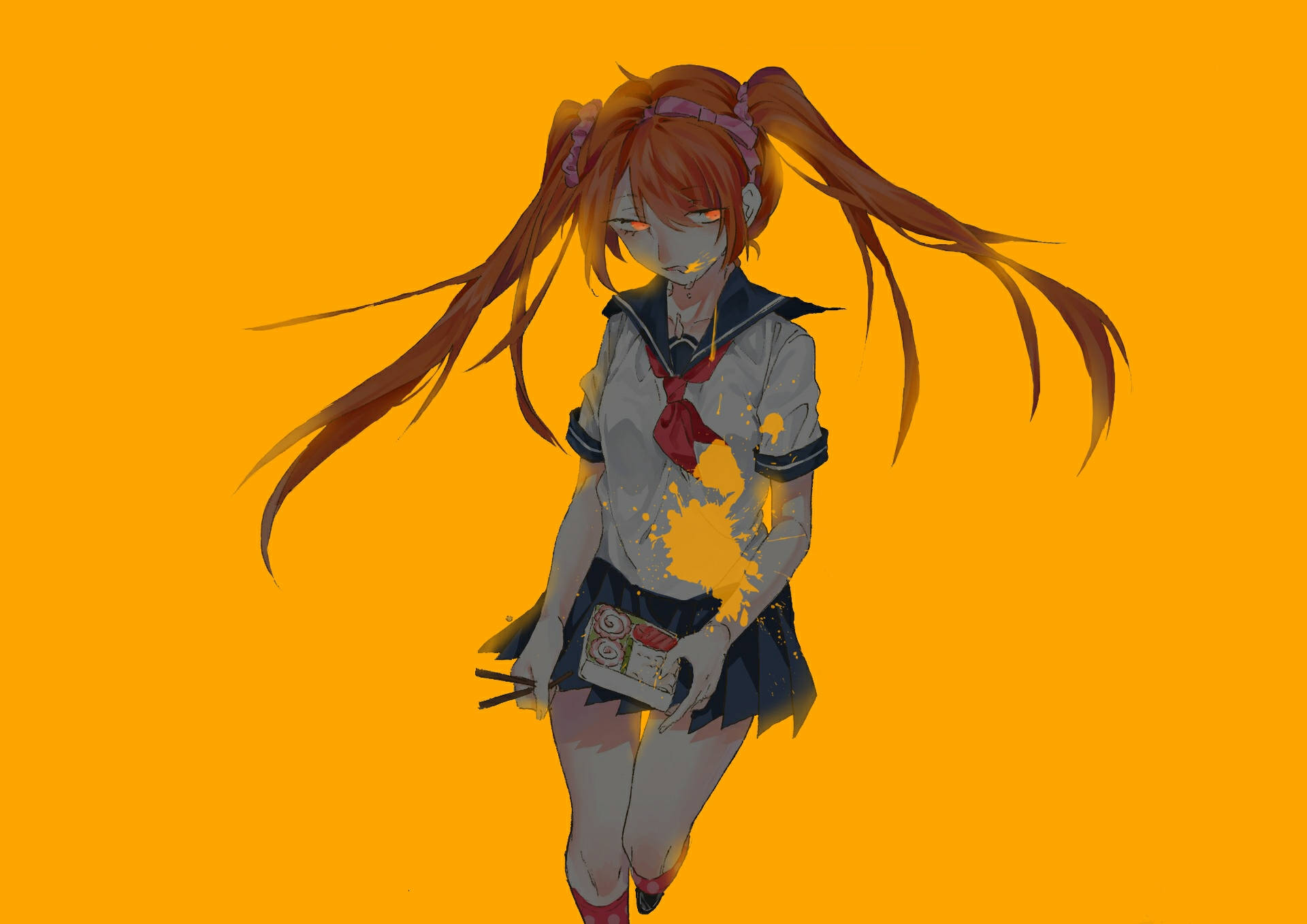 Yandere Simulator 中的 Osana Najimi 壁紙 — 一個穿著校服、橙色頭髮、發光眼睛的殭屍動漫女孩站在純橙色背景前。