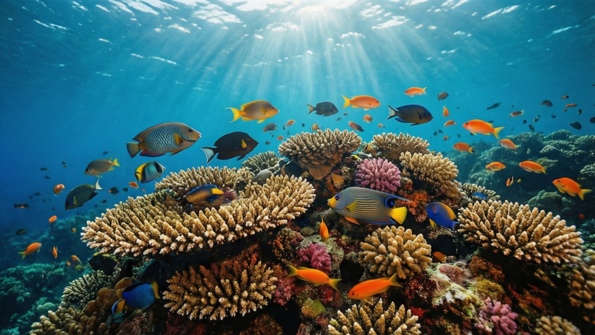 Guinea 桌布 壁紙 — 陽光穿過碧綠的海水，照亮了充滿色彩繽紛的熱帶魚的活力珊瑚礁。