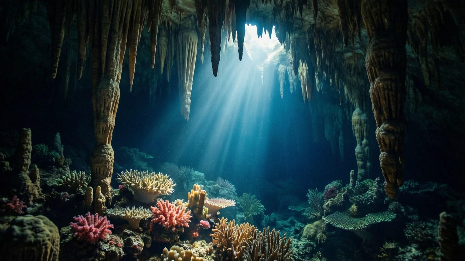 Cave Light Beam 壁紙 — 陽光穿過洞穴頂部，照亮了深水洞穴中色彩繽紛的珊瑚和鐘乳石。
