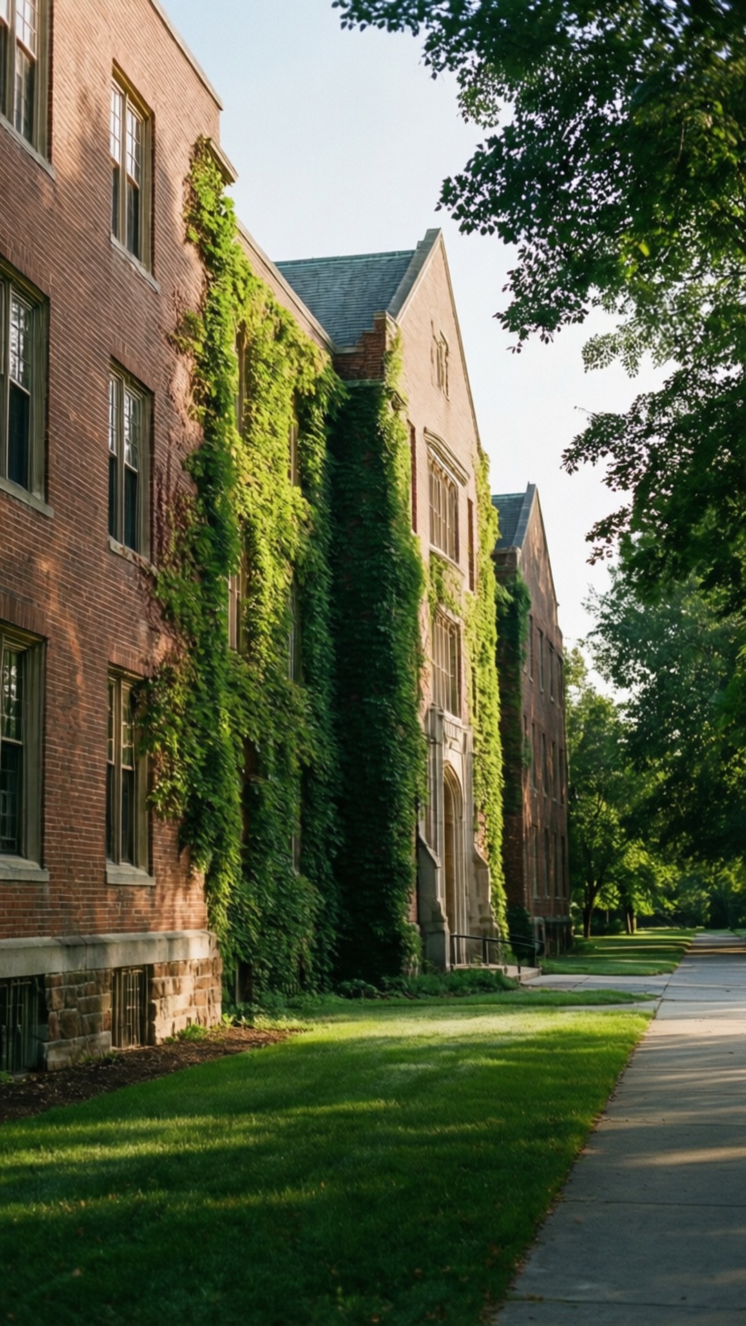 Hillman Hall Morning 壁紙 — 陽光普照的磚砌大學建築，披著茂密的綠色常春藤，排列在寧靜的校園步道旁。
