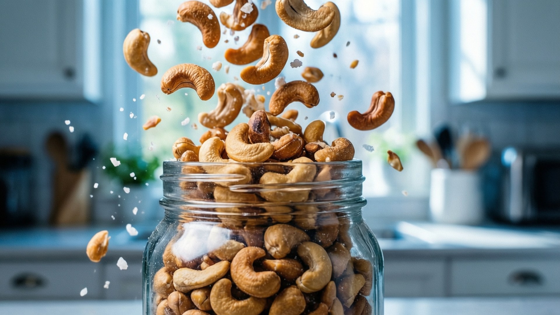 桌布 壁紙 — 腰果在空中傾瀉而下，落入一個玻璃罐中，放在明亮的廚房檯面上，背景有模糊的櫥櫃和窗戶光線。