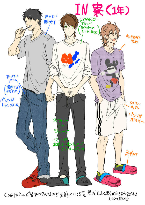《Yarichin Bitch Club》日常服裝 壁紙 — 三個動畫男孩穿著休閒服裝並排站立，帶有指向他們服裝的日文文字註釋。