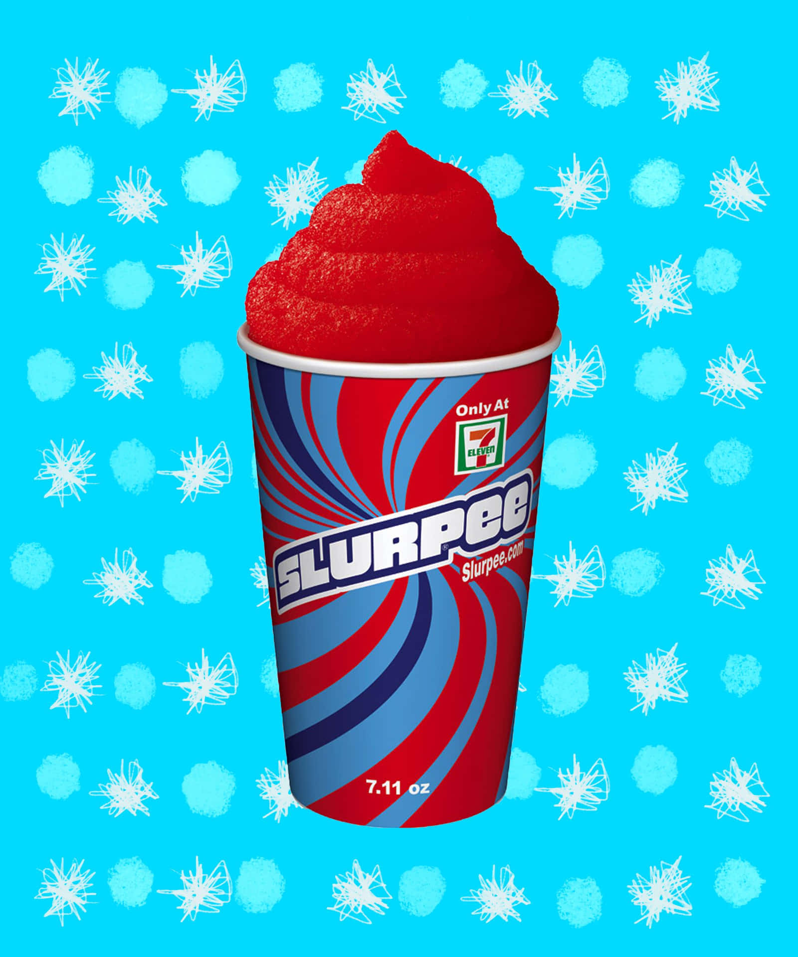  壁紙 — 一杯鮮紅色嘅 Slurpee 冰凍飲品，裝喺有品牌標誌嘅杯入面，背景係鮮藍色，上面有白色塗鴉圖案。