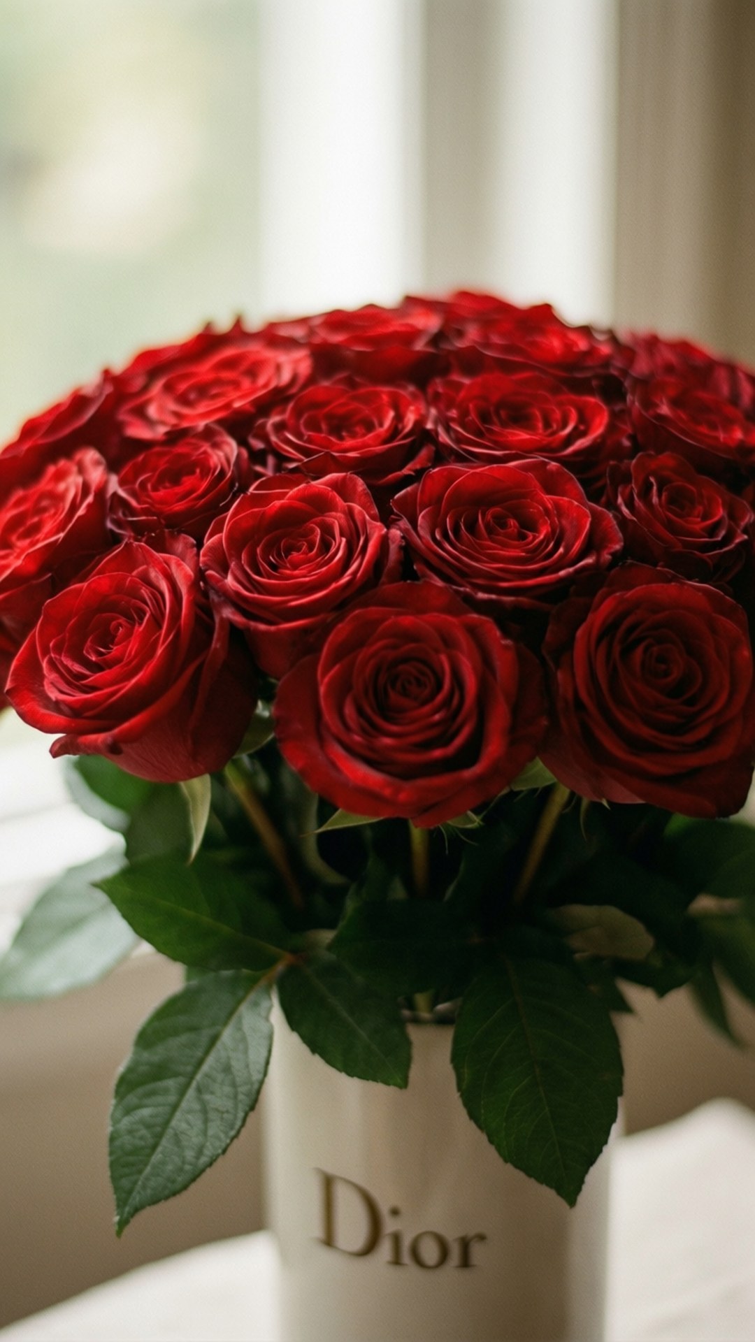 Dior Red Roses 壁紙 — 一束茂盛的深紅玫瑰插在白色Dior花瓶裡，配以綠葉，放在明亮的窗邊。