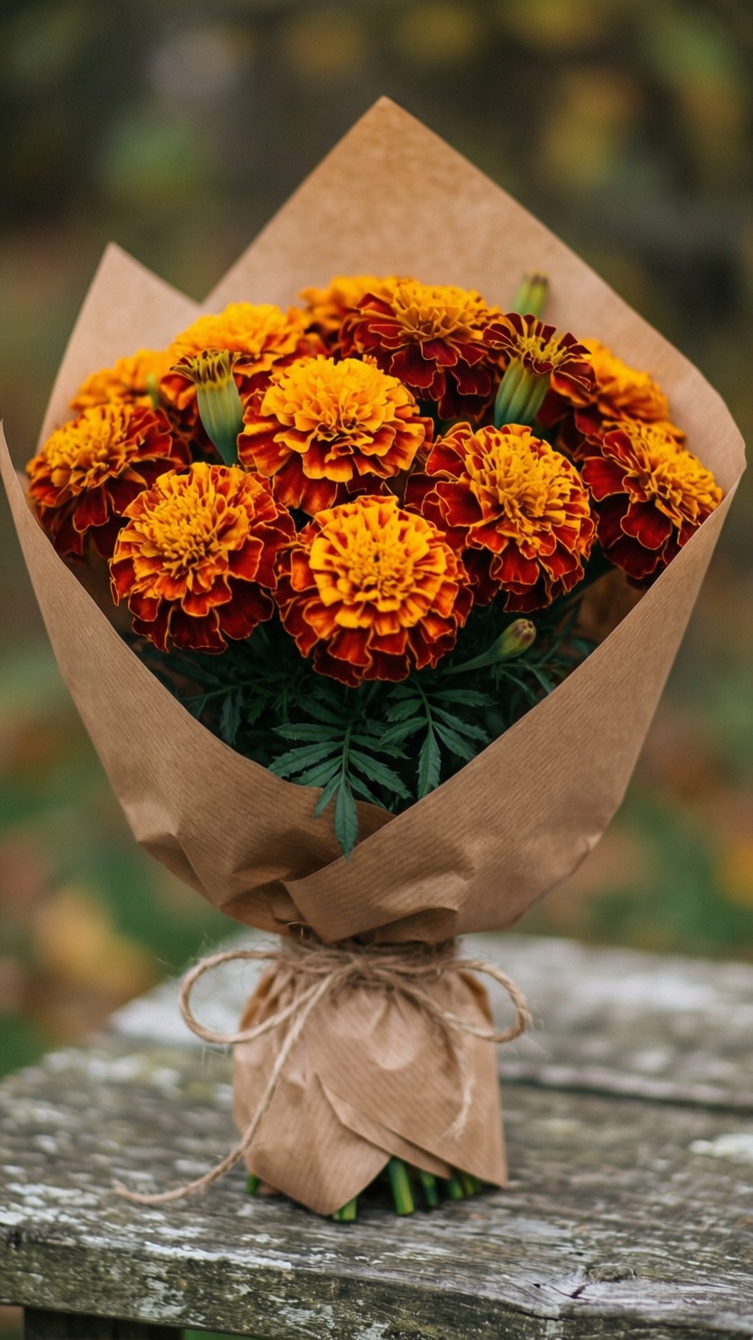 Marigold 桌布 壁紙 — 一束鮮豔的橙色萬壽菊用牛皮紙和麻繩包裹，放在風化的木質表面上。