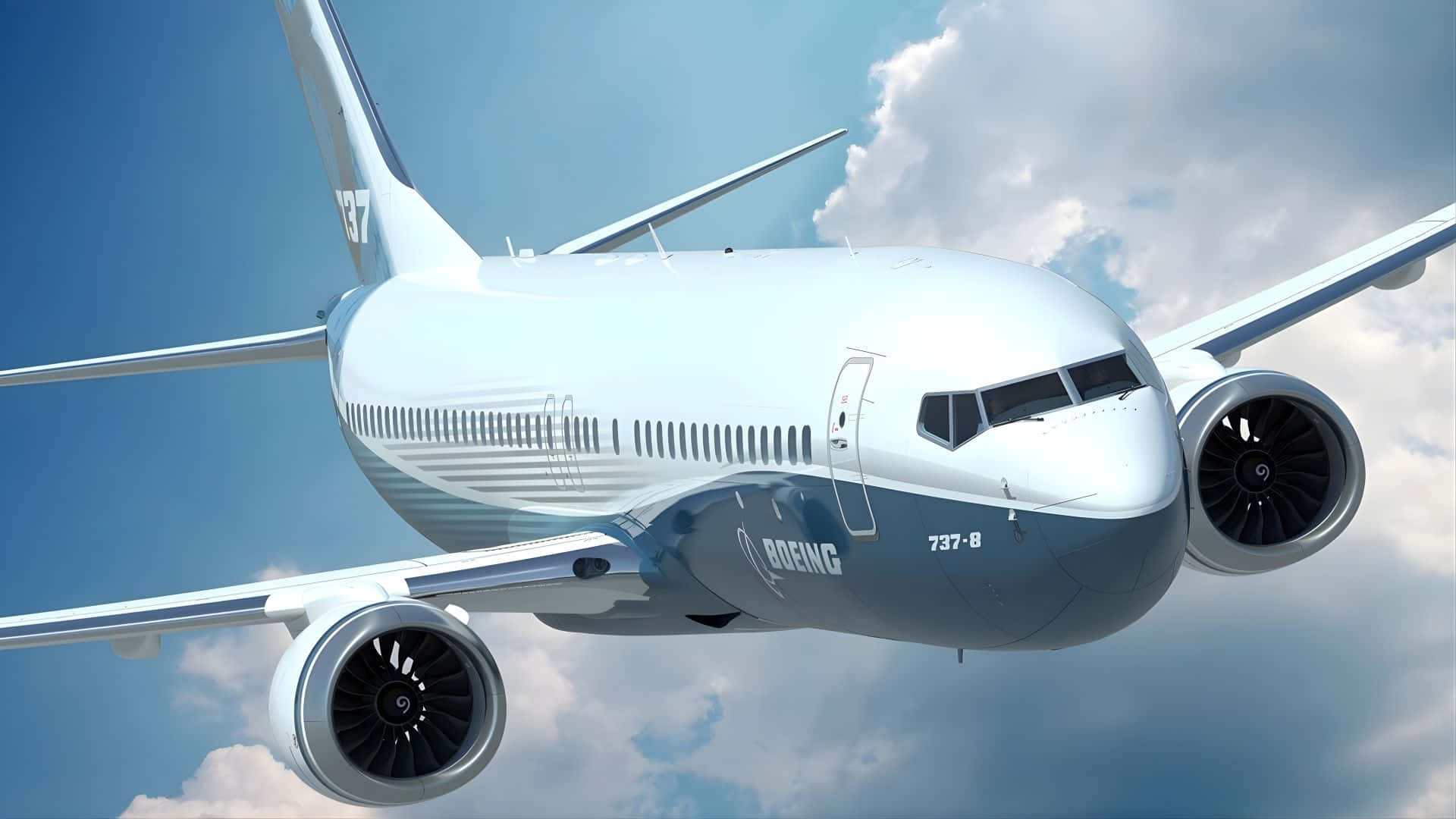  壁紙 — 一架流線型白色波音737-8飛機在點綴著蓬鬆白雲的明亮藍天中翱翔。