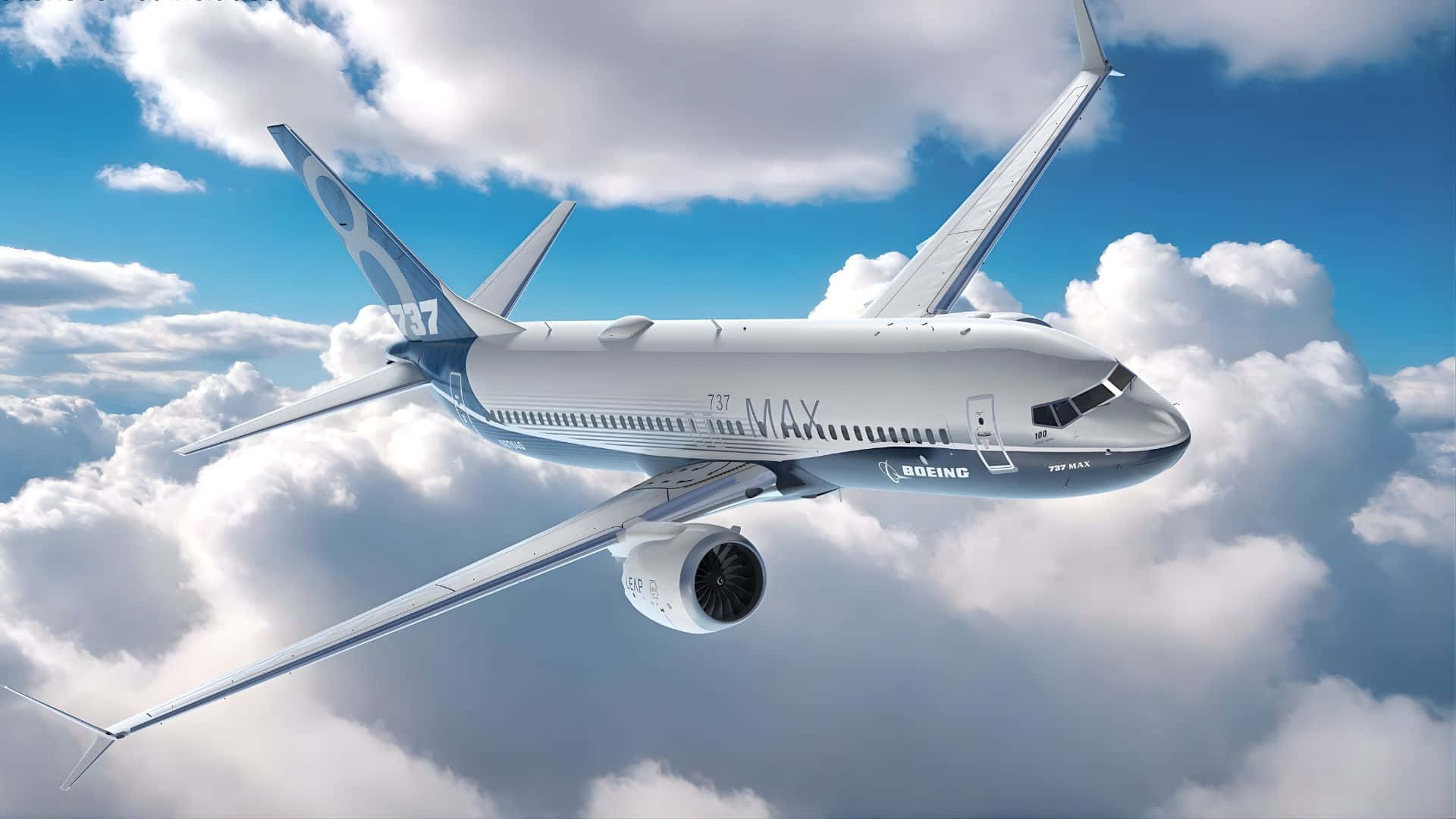  壁紙 — 一架流線型白色波音737 MAX飛機在湛藍天空下，優雅地翱翔於蓬鬆的白雲之上。