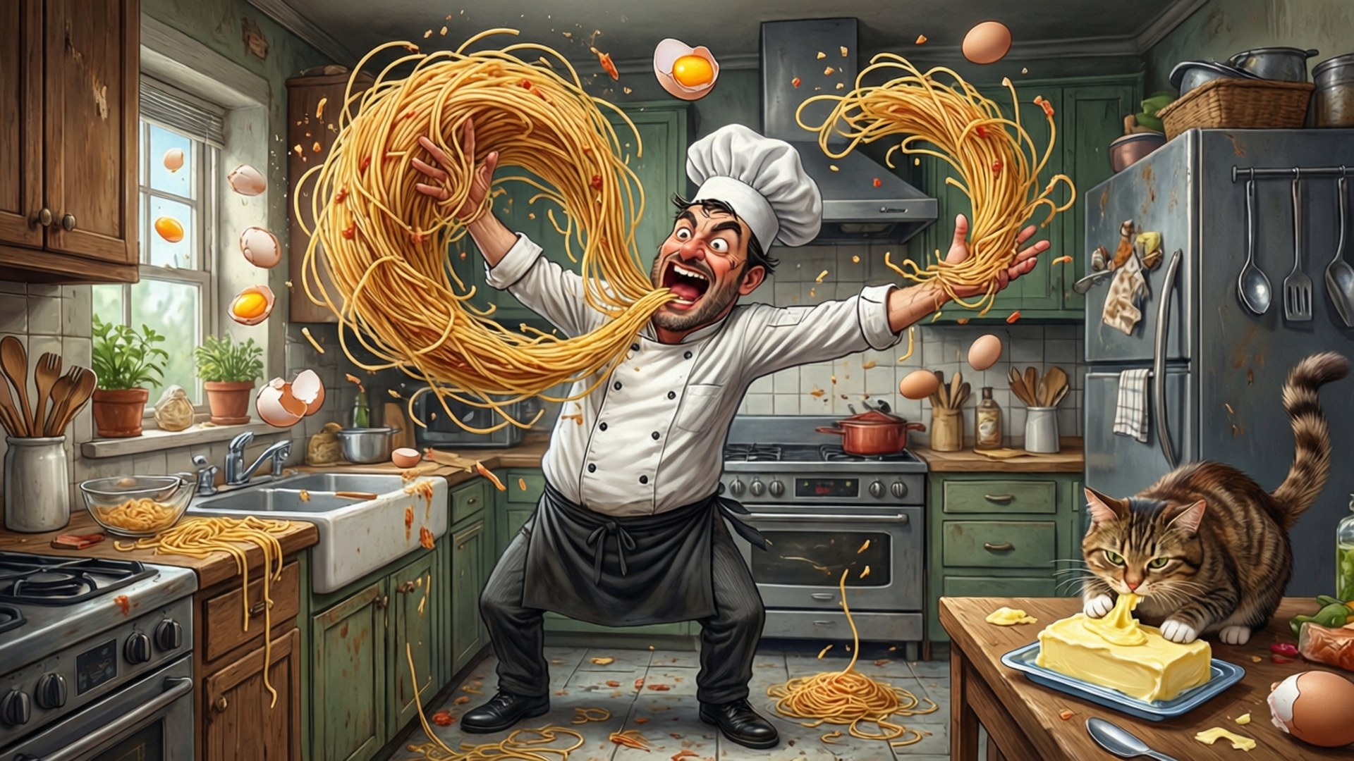 Kitchen Spaghetti Chaos 壁紙 — 一個癲狂嘅廚師喺廚房拋灑意大利粉，蛋殼四濺，一隻貓喺度睇
