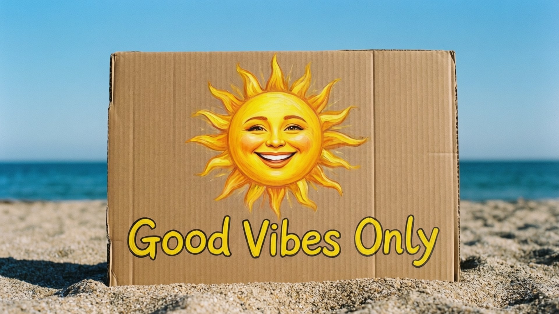 紙皮箱上有微笑太陽圖案同文字 Good Vibes Only，喺沙灘上。