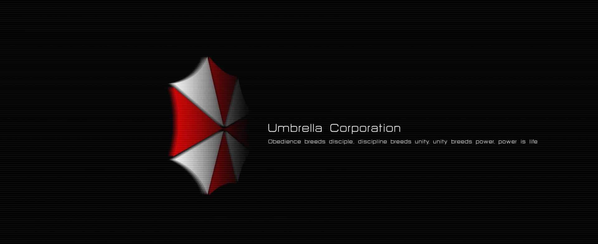  壁紙 — 一個紅白相間的雨傘標誌在帶有故障文字的黑色螢幕上發光，代表保護傘公司。