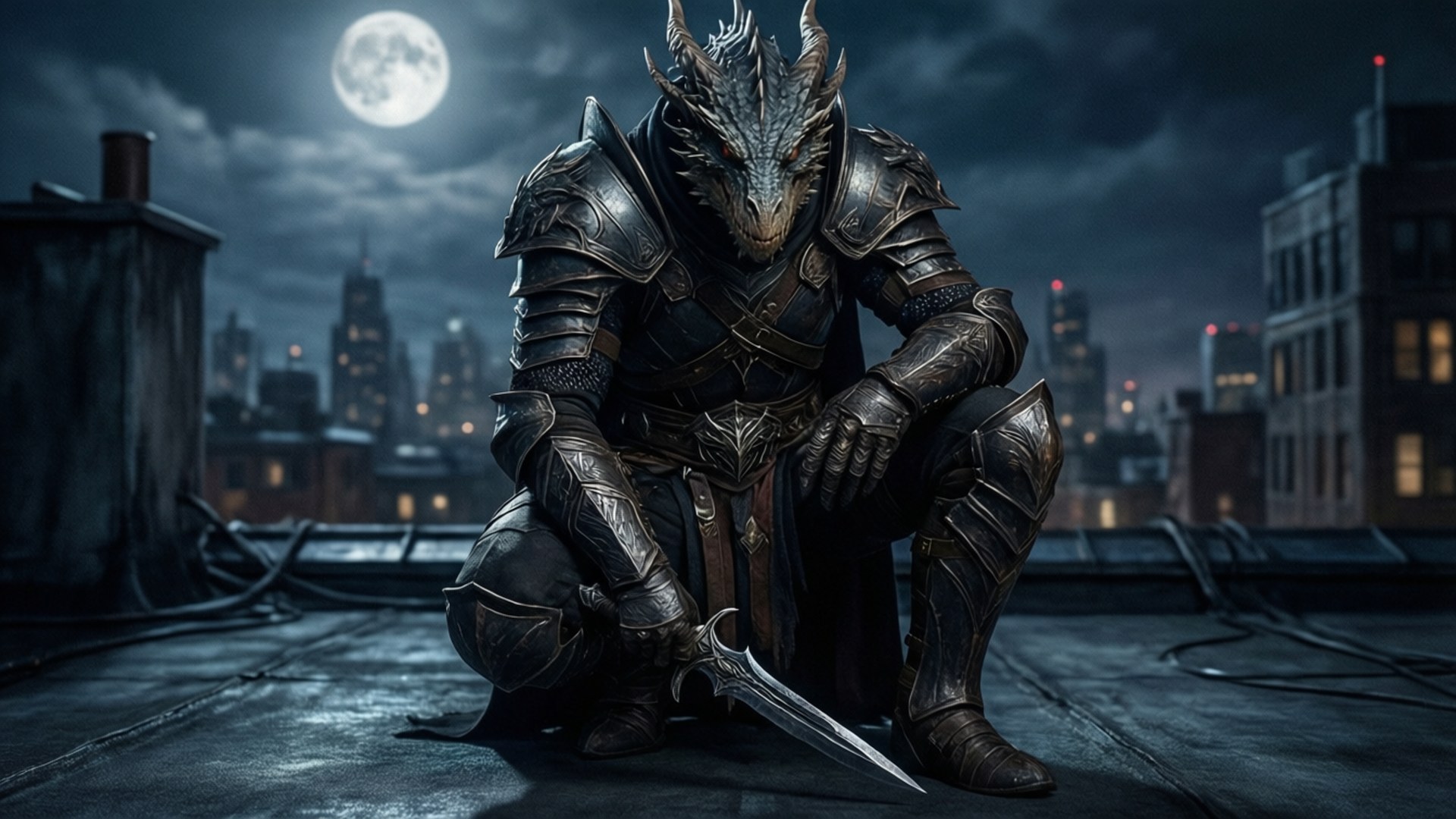 dovahkiin 桌布 壁紙 — 一個龍頭戰士身穿華麗的暗色盔甲，跪在屋頂上，在滿月下握著匕首，背後是城市天際線。