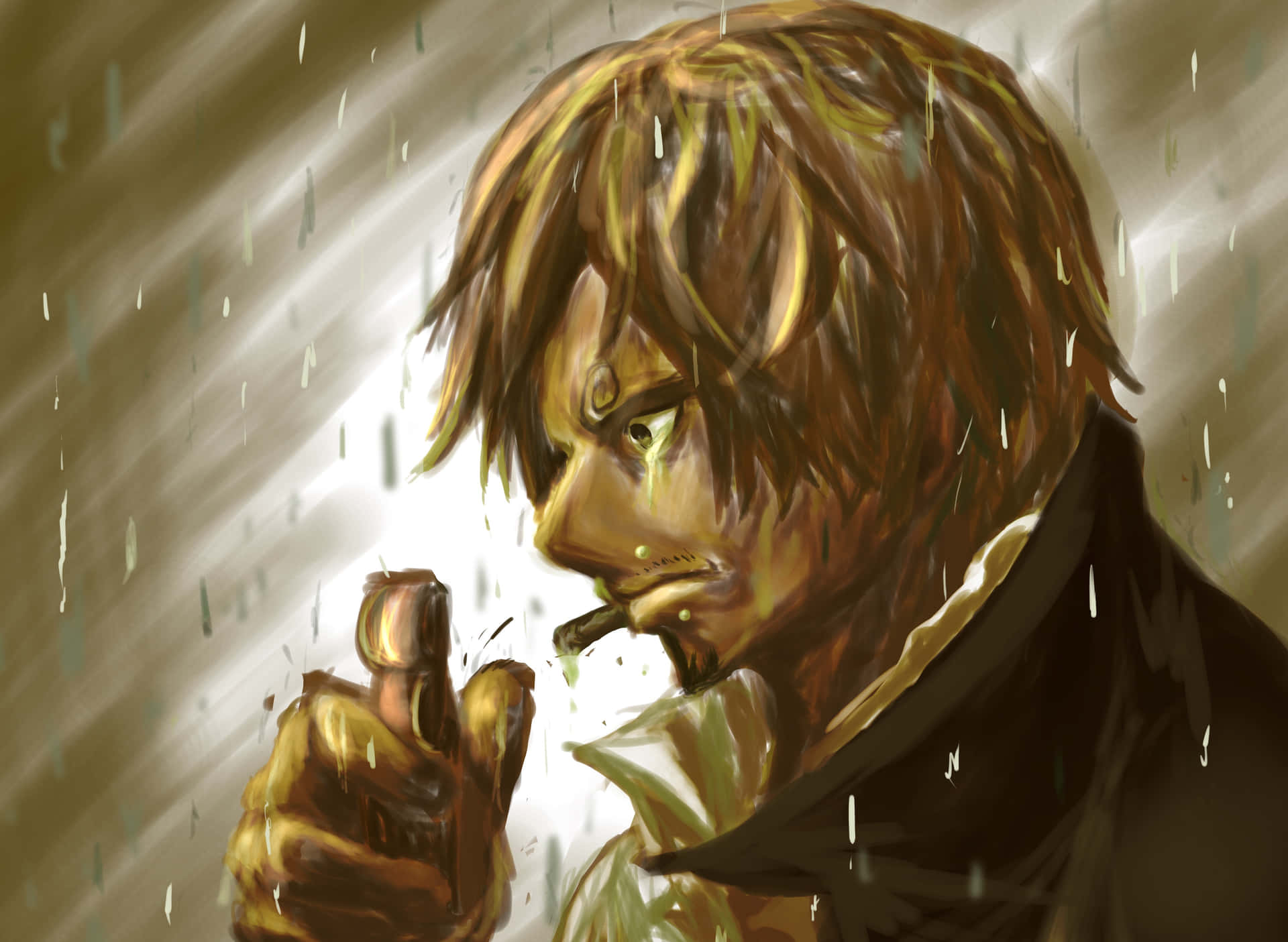 一個男人在金色燈光下的大雨中抽煙。