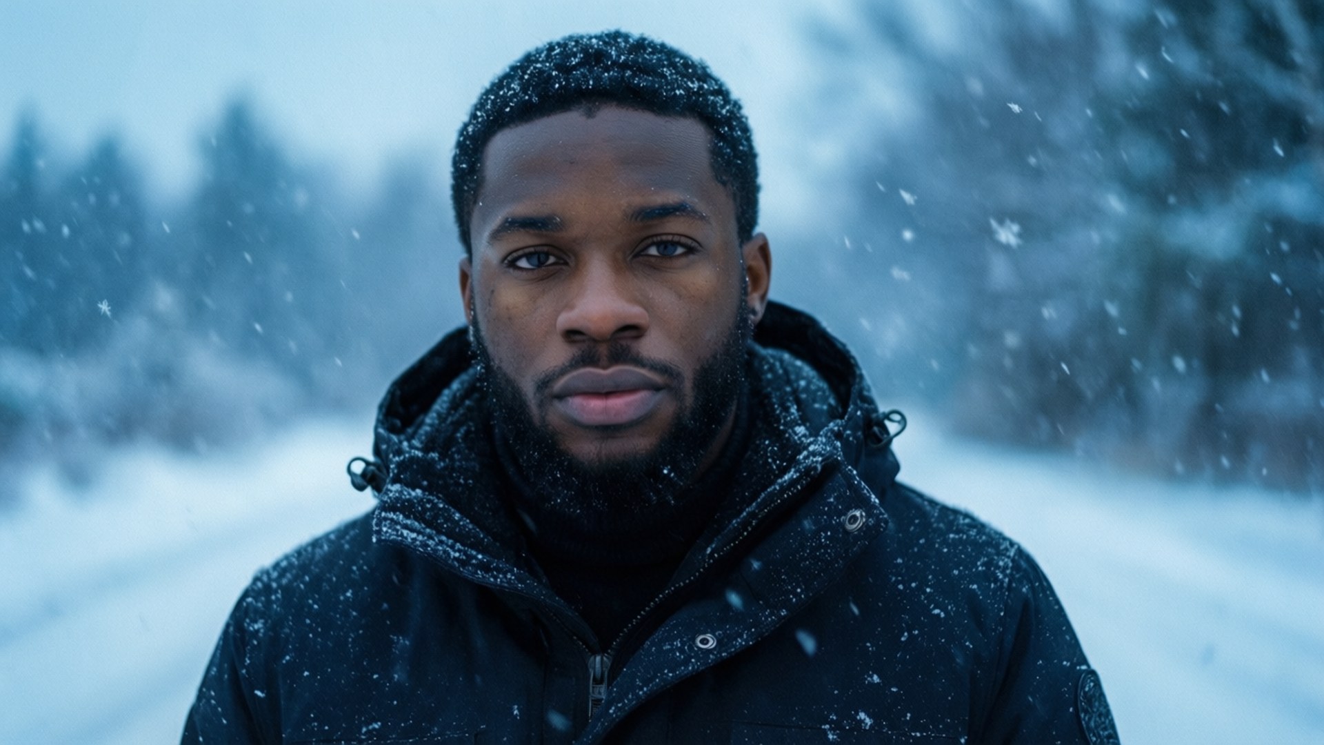 Kelvin Harrison Jr 桌布 壁紙 — 一個頭髮和外套上有雪花嘅男人喺暴風雪期間企喺雪森林入面。