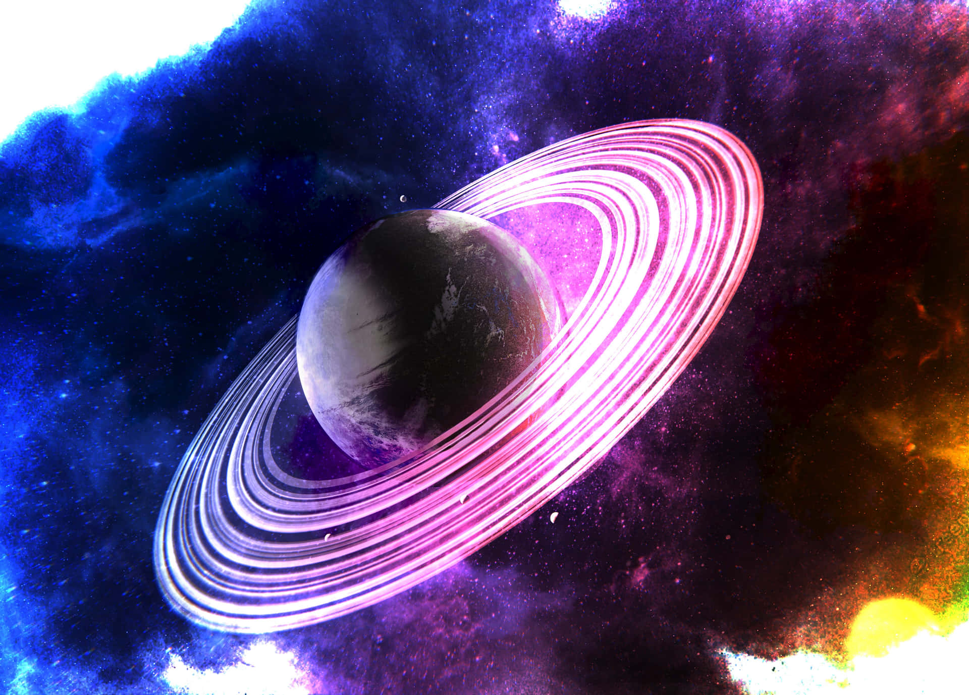 壁紙 — 一顆帶有發光粉紅色環的行星在充滿活力的藍色、紫色和橙色宇宙星雲中運行。