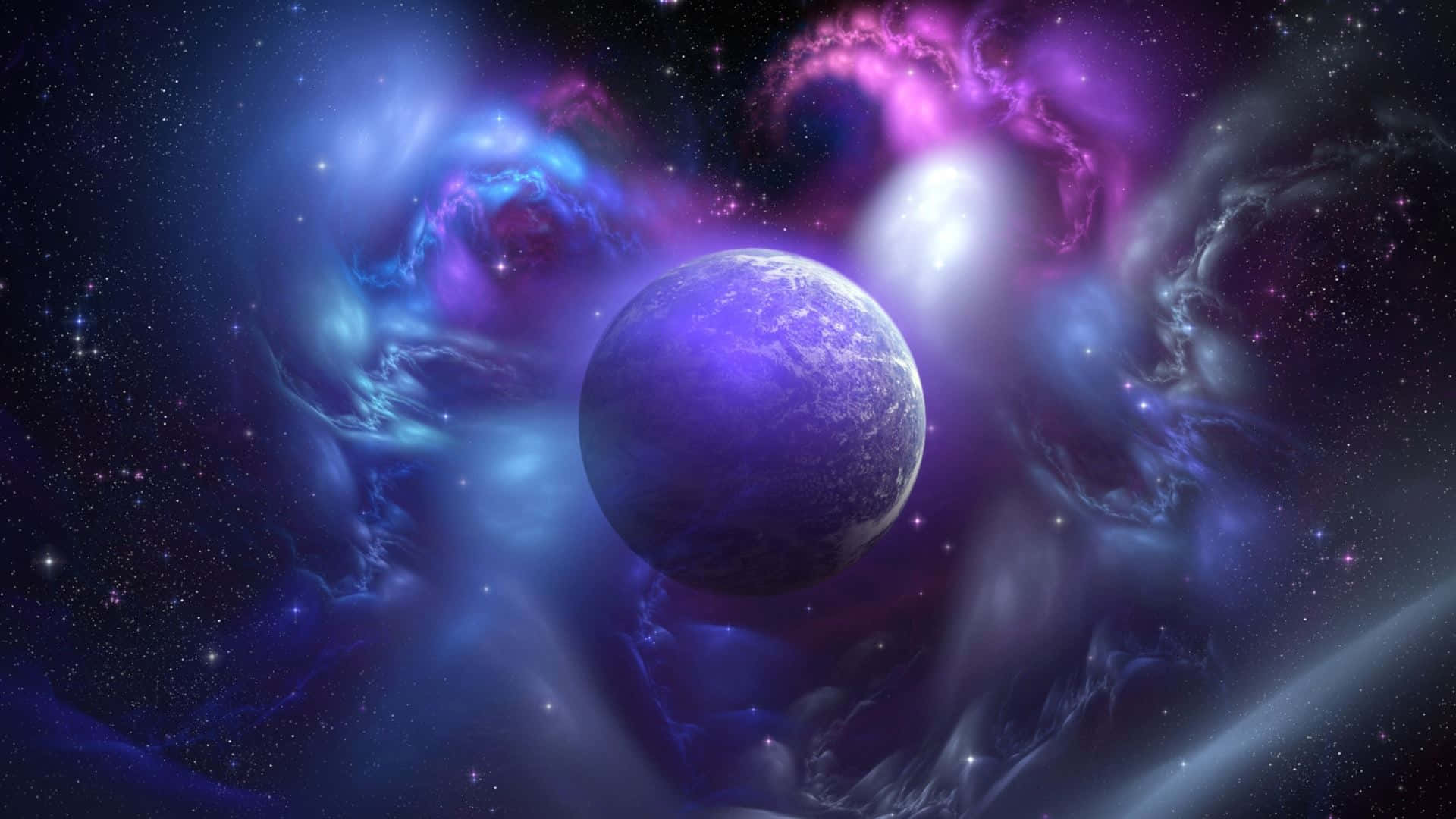 被發光宇宙雲和星星包圍的紫色行星