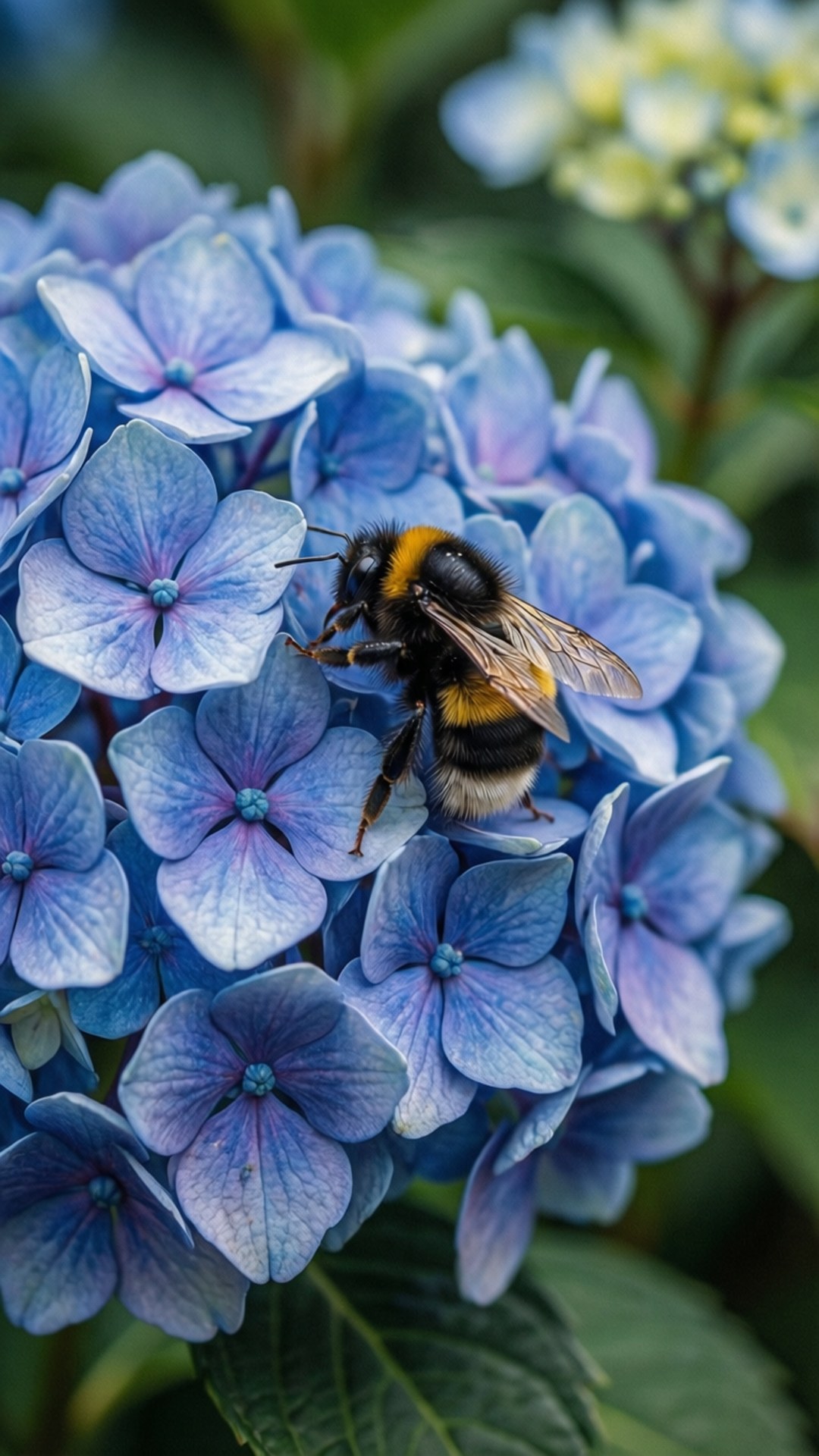 Bumble 桌布 壁紙 — 一隻帶有黃色條紋的毛茸茸大黃蜂降落在柔軟的藍色繡球花叢上，背景是模糊的綠色。