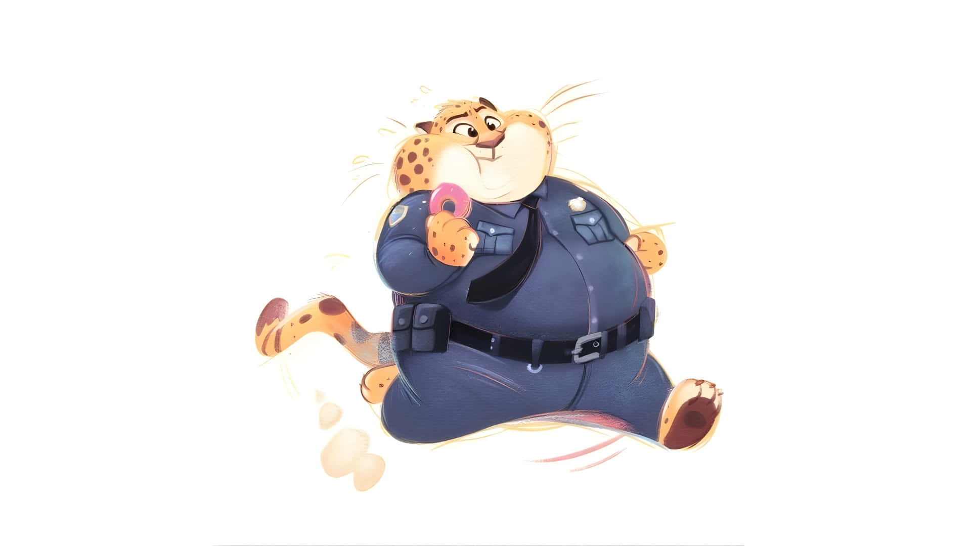  壁紙 — 一隻穿著警察制服、開心嘅卡通獵豹，邊跑邊拎住一個粉紅色糖霜冬甩。