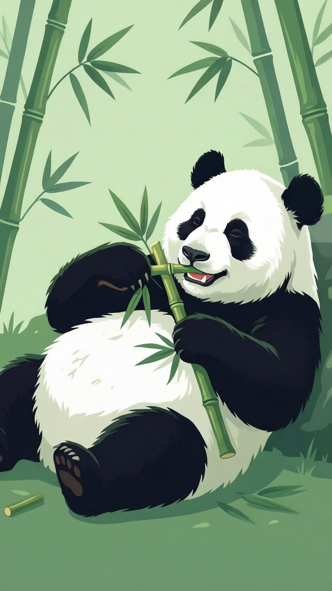 Panda Munching Bamboo 壁紙 — 一隻可愛的卡通熊貓開心咁坐喺茂密嘅綠色竹林入面食竹。