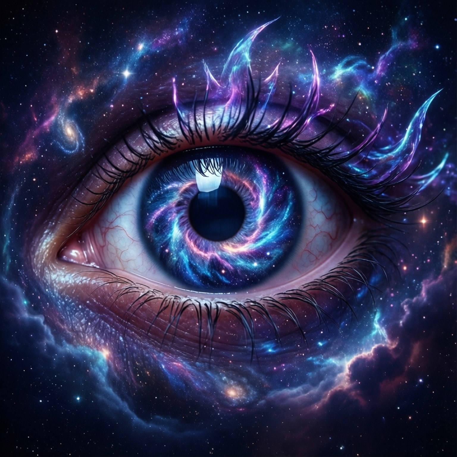 桌布 壁紙 — 一隻帶有漩渦星系圖案虹膜的宇宙之眼，透過繁星點點的星雲和發光的宇宙卷鬚凝視著。