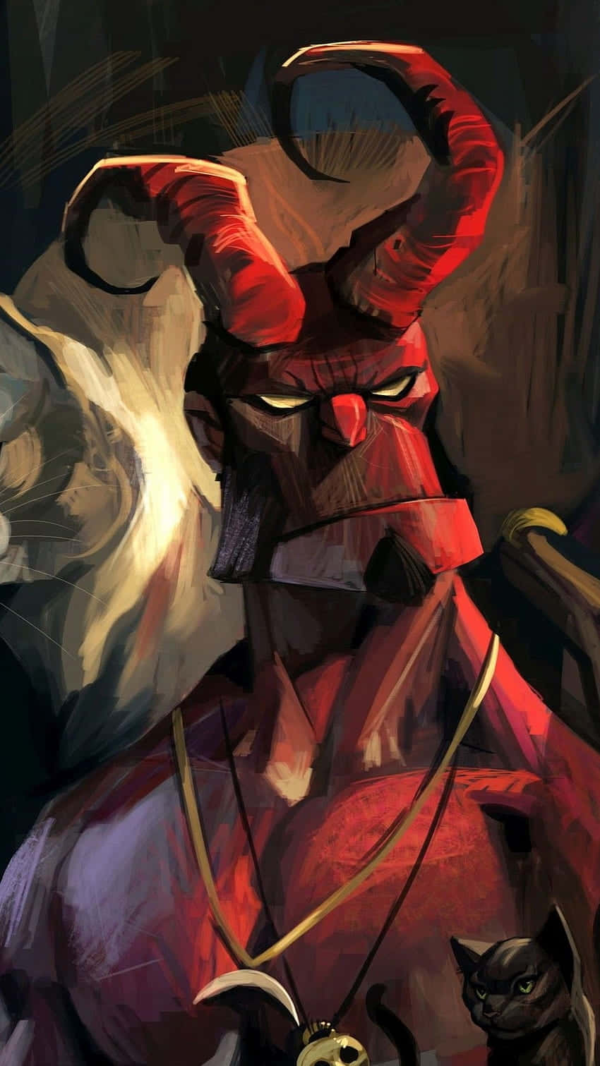  壁紙 — 一隻帶有彎曲角和發光眼睛的威脅性紅色惡魔，在黑暗煙霧繚繞的環境中籠罩著一隻黑貓。