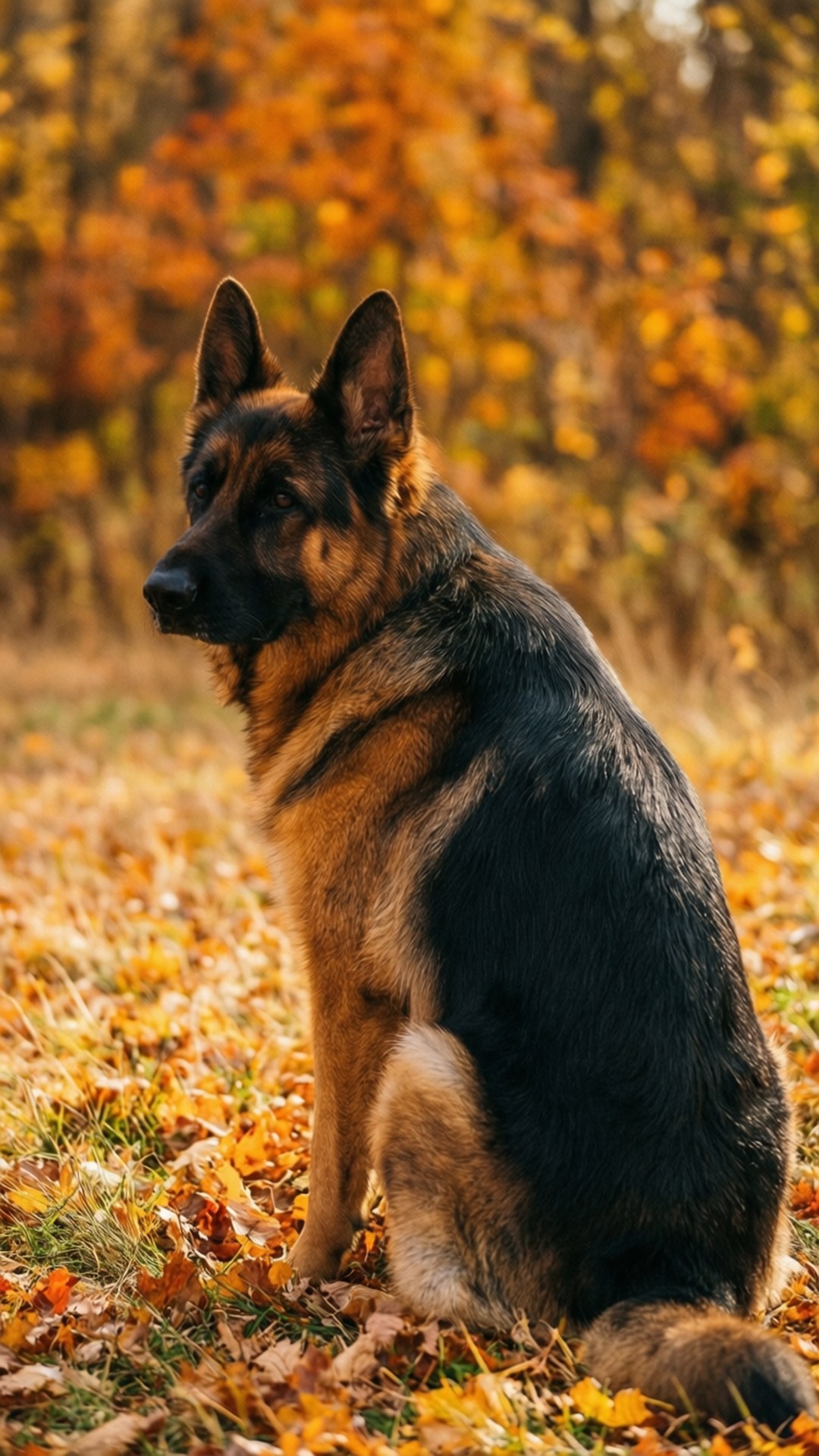 德國牧羊犬 桌布 壁紙 — 一隻德國牧羊犬平靜地坐在金黃色秋葉的田野中，背後有模糊的橙色樹葉。