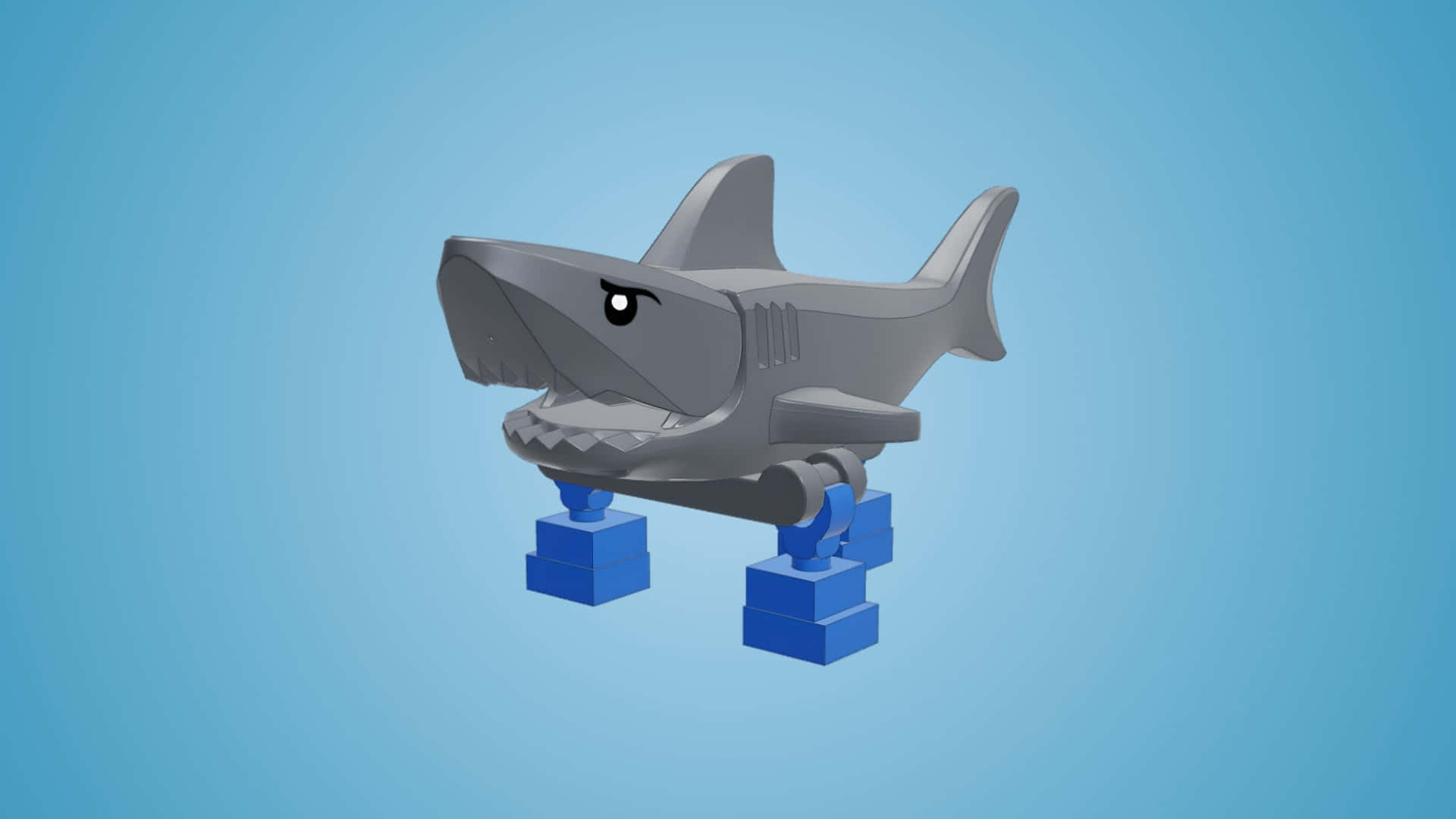 壁紙 — 一隻灰色 LEGO 鯊魚，有尖銳牙齒和一隻眼睛，站在藍色 LEGO 積木上，背景是柔和的藍色漸變。