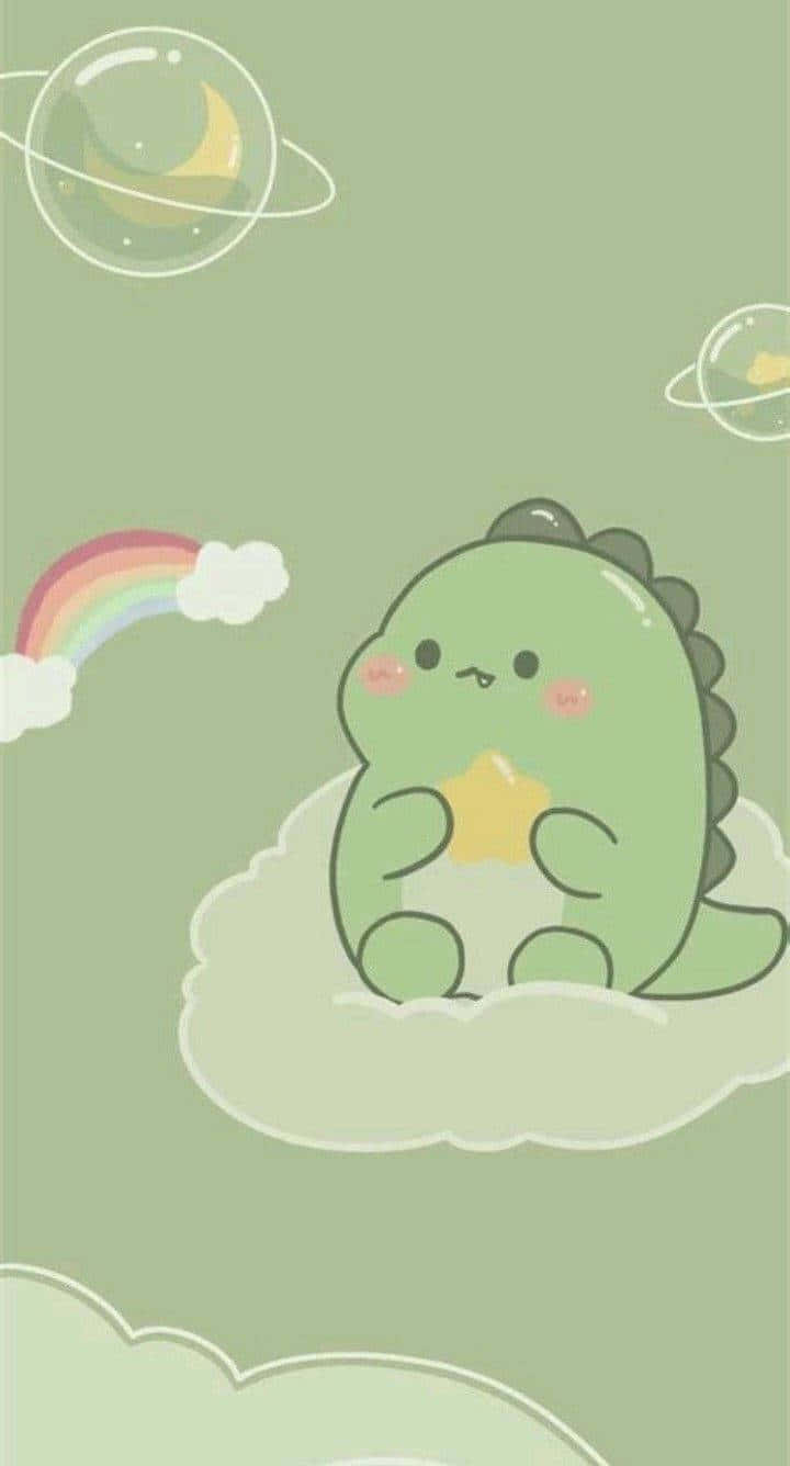  壁紙 — 一隻可愛的綠色卡通恐龍坐在雲上，手持星星，附近有彩虹和行星漂浮。