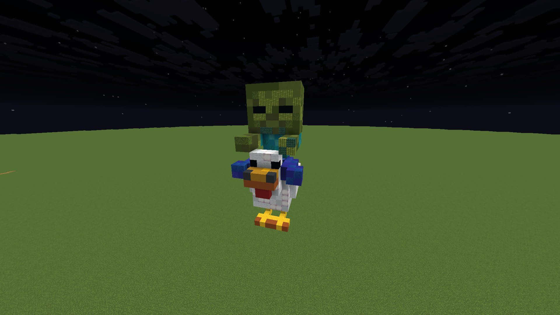  壁紙 — 一隻像素化的 Minecraft 喪屍喺星空下嘅草地上騎住一隻雞。