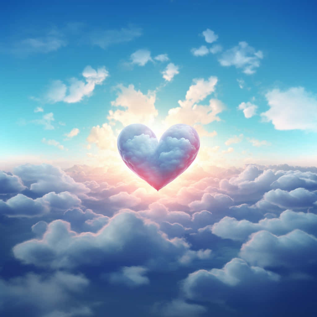I Love God 桌布 壁紙 — 一顆發光的愛心形狀雲朵，在充滿活力的藍天下，寧靜地漂浮在蓬鬆的雲海之上。