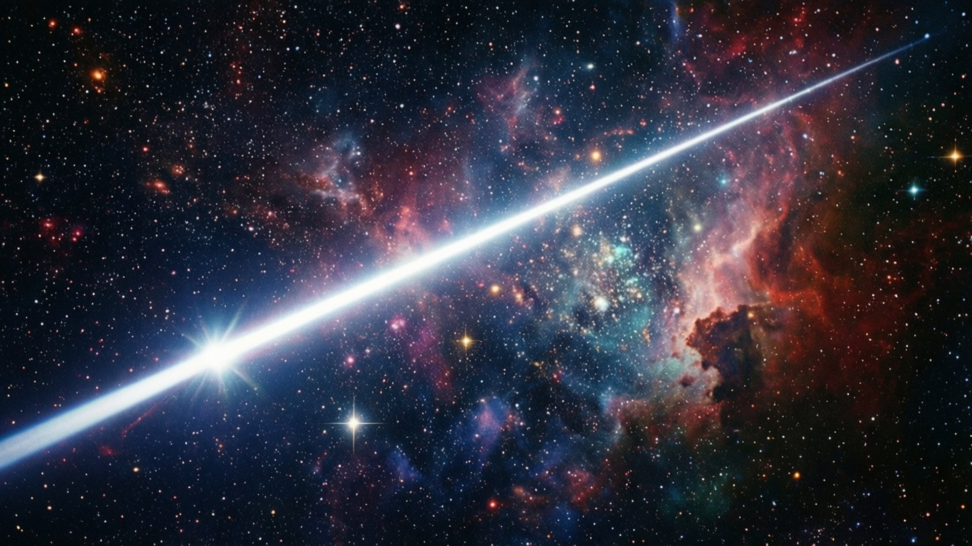 一顆明亮的彗星在深空中穿過色彩繽紛的星場和發光的星雲。
