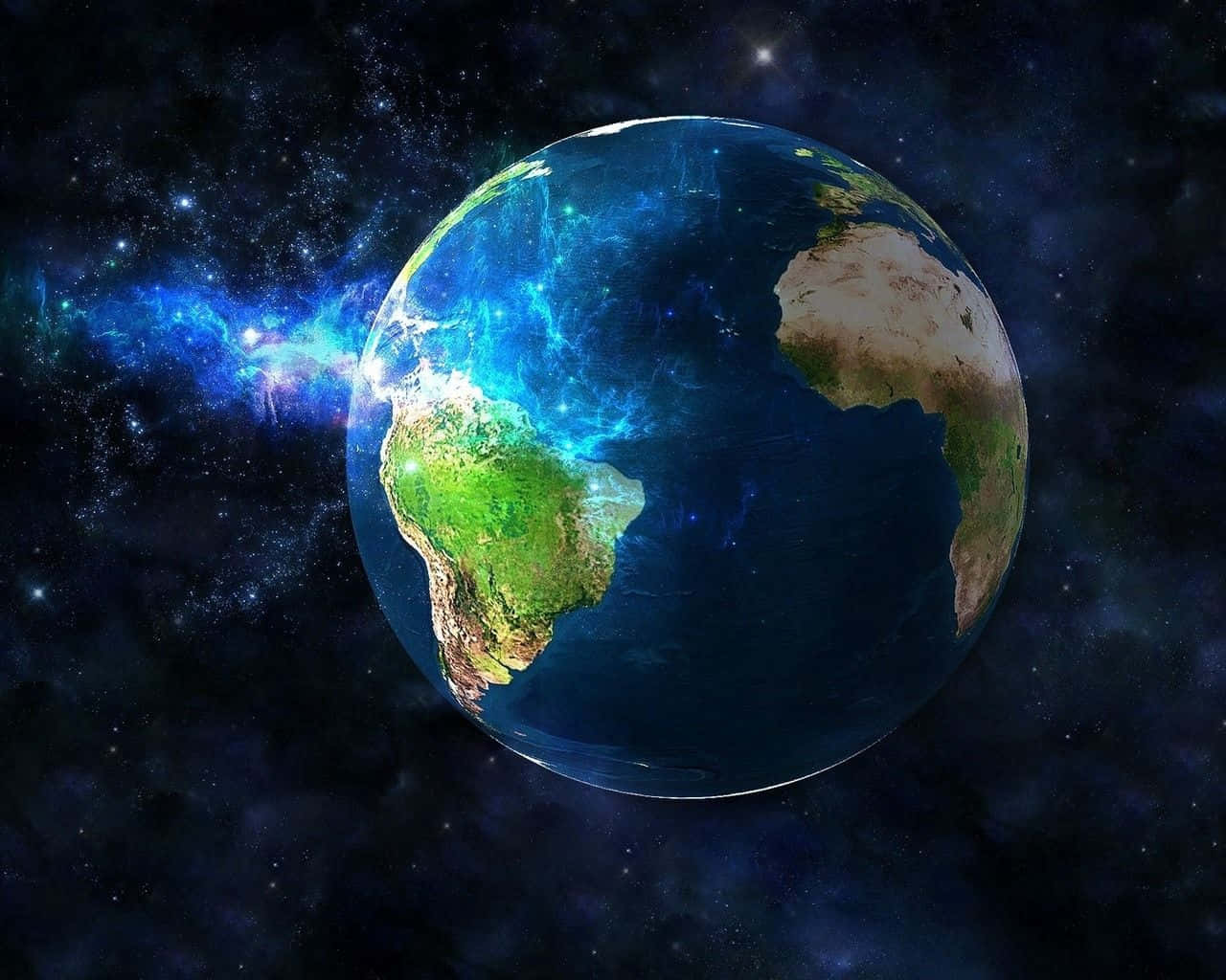  壁紙 — 一顆充滿活力的藍綠色地球漂浮在深邃太空中，旁邊是充滿恆星的發光宇宙星雲。