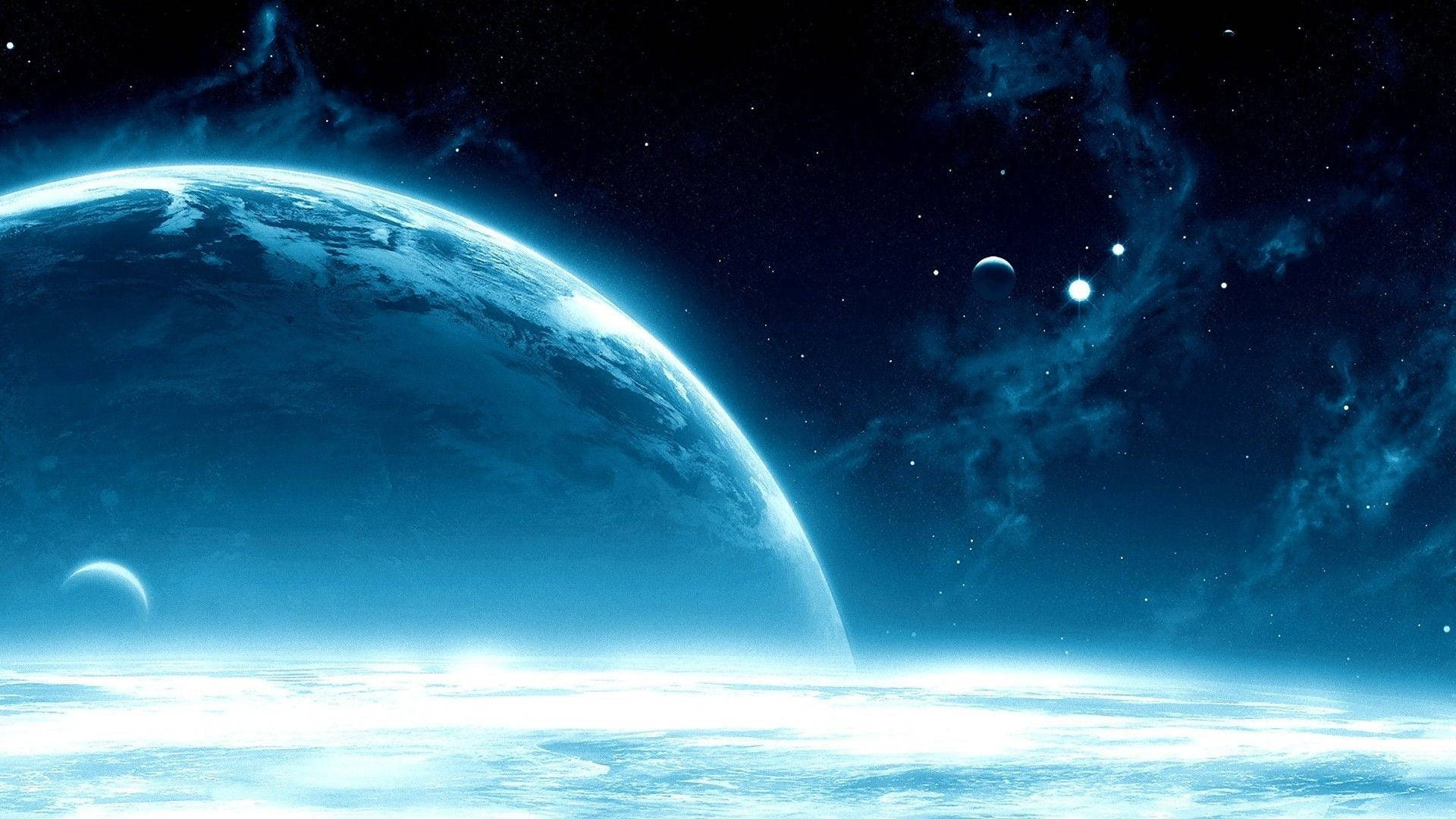 太空中一顆發光的藍色行星，帶有星星和星雲