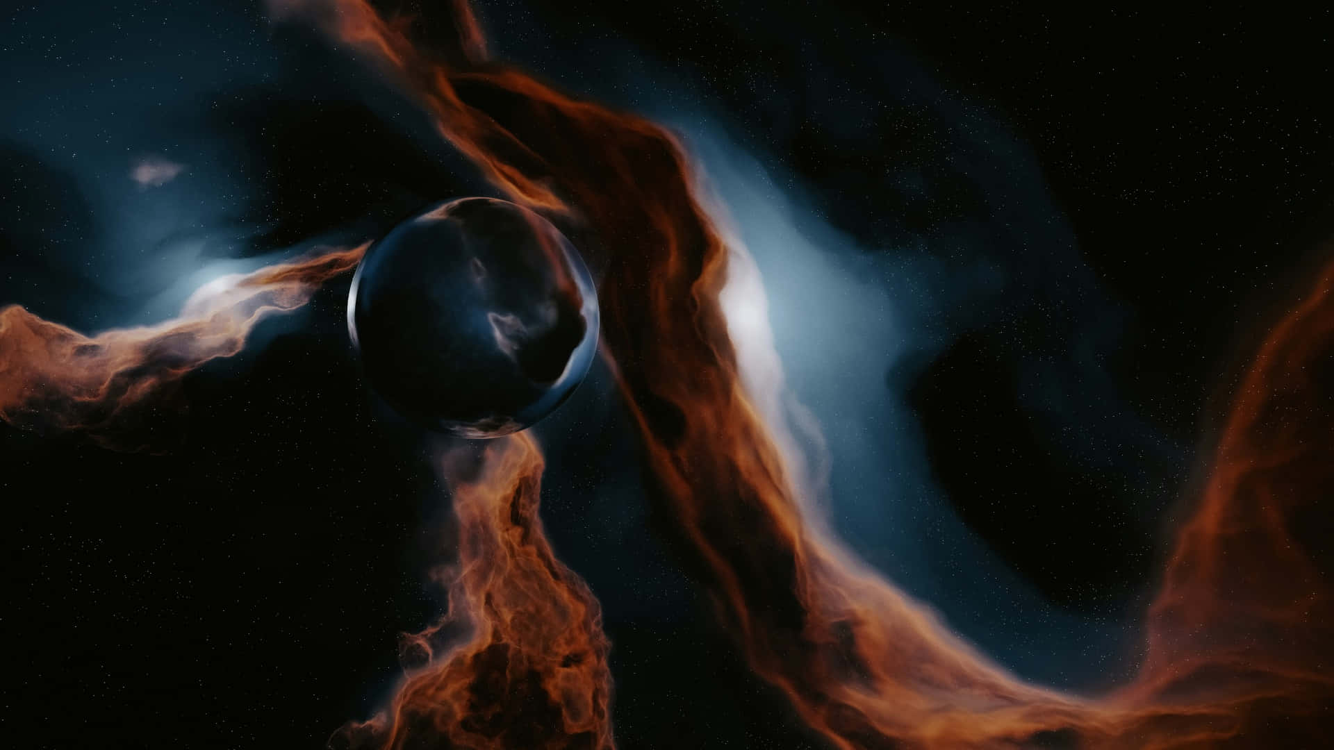  壁紙 — 一顆黑暗行星在火橙色和冷藍色的漩渦宇宙雲中漂流，背景是繁星點點的虛空。