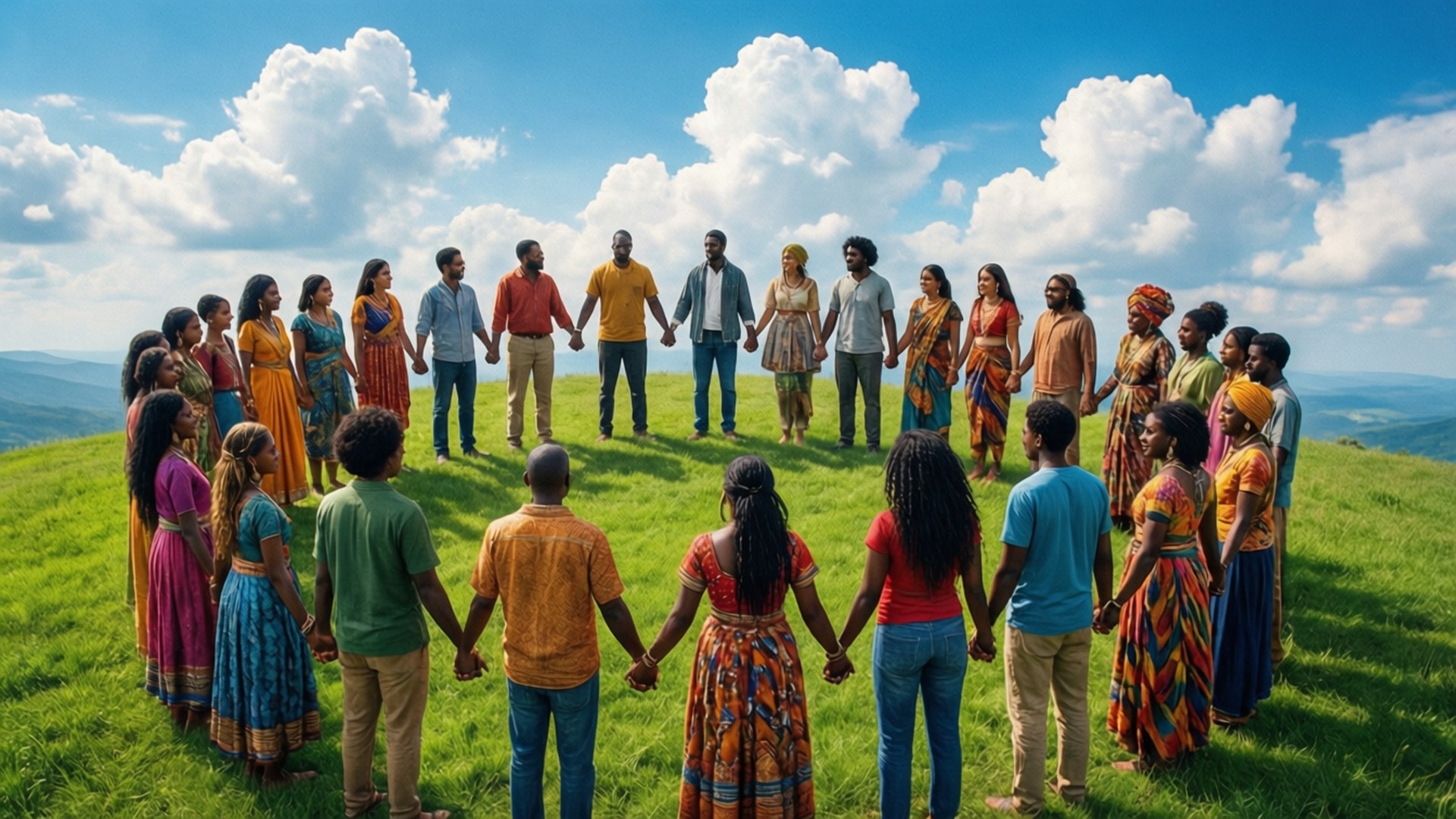 unity 桌布 壁紙 — 一群不同背景的人喺一個有絨毛雲嘅明亮藍天下嘅草地上手牽手圍成一個圈。