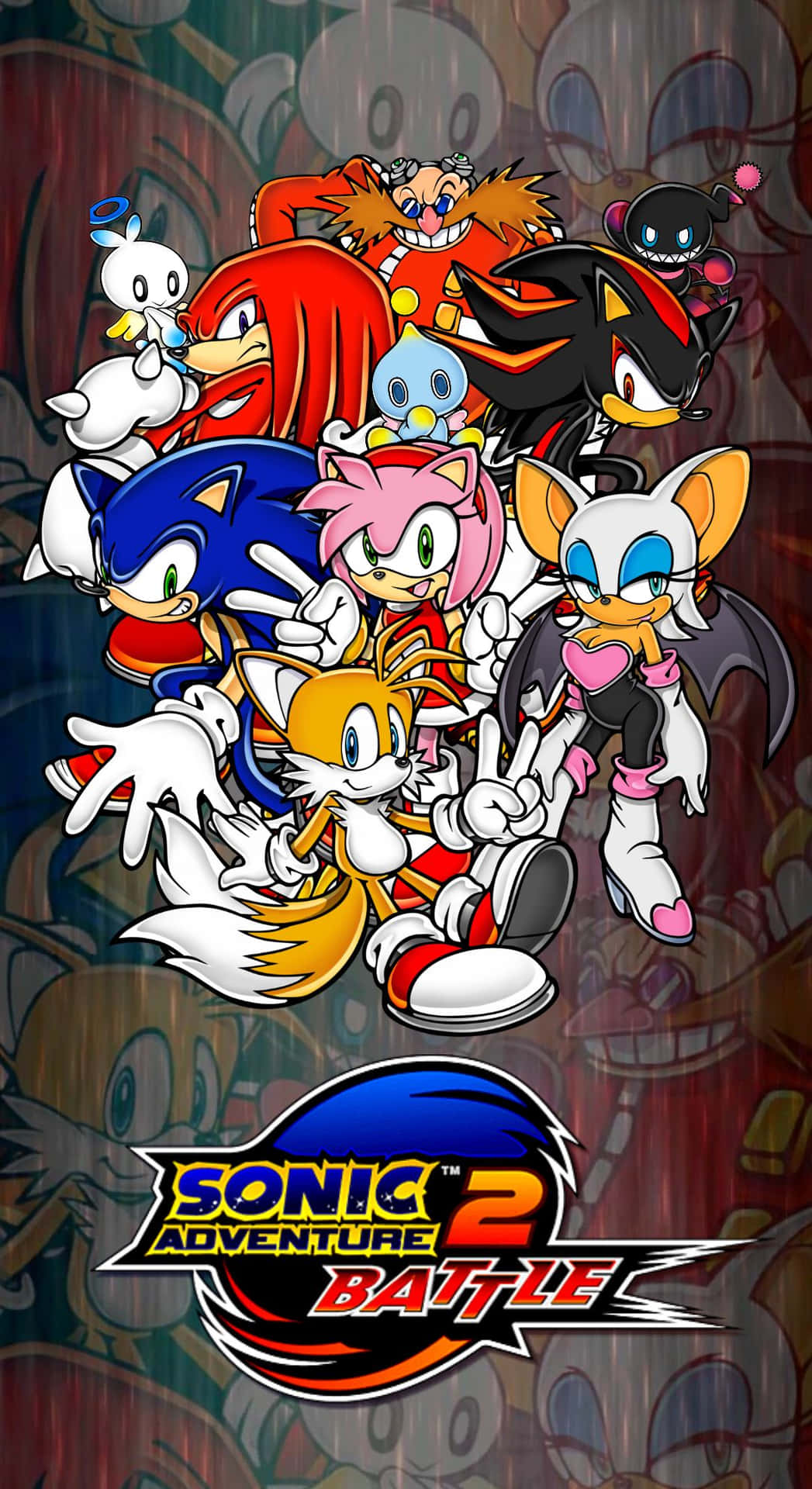  壁紙 — 一群充滿活力的超音鼠角色在帶有Sonic Adventure 2 Battle標誌的塗鴉風格背景前動態擺姿勢。