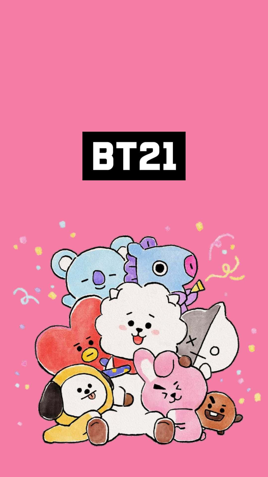 BT21卡通角色在粉紅色背景上以五彩紙屑慶祝。