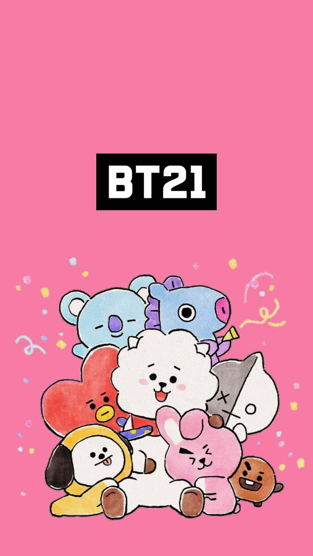 BT21卡通角色在粉紅色背景上微笑擁抱，周圍有五彩紙屑。